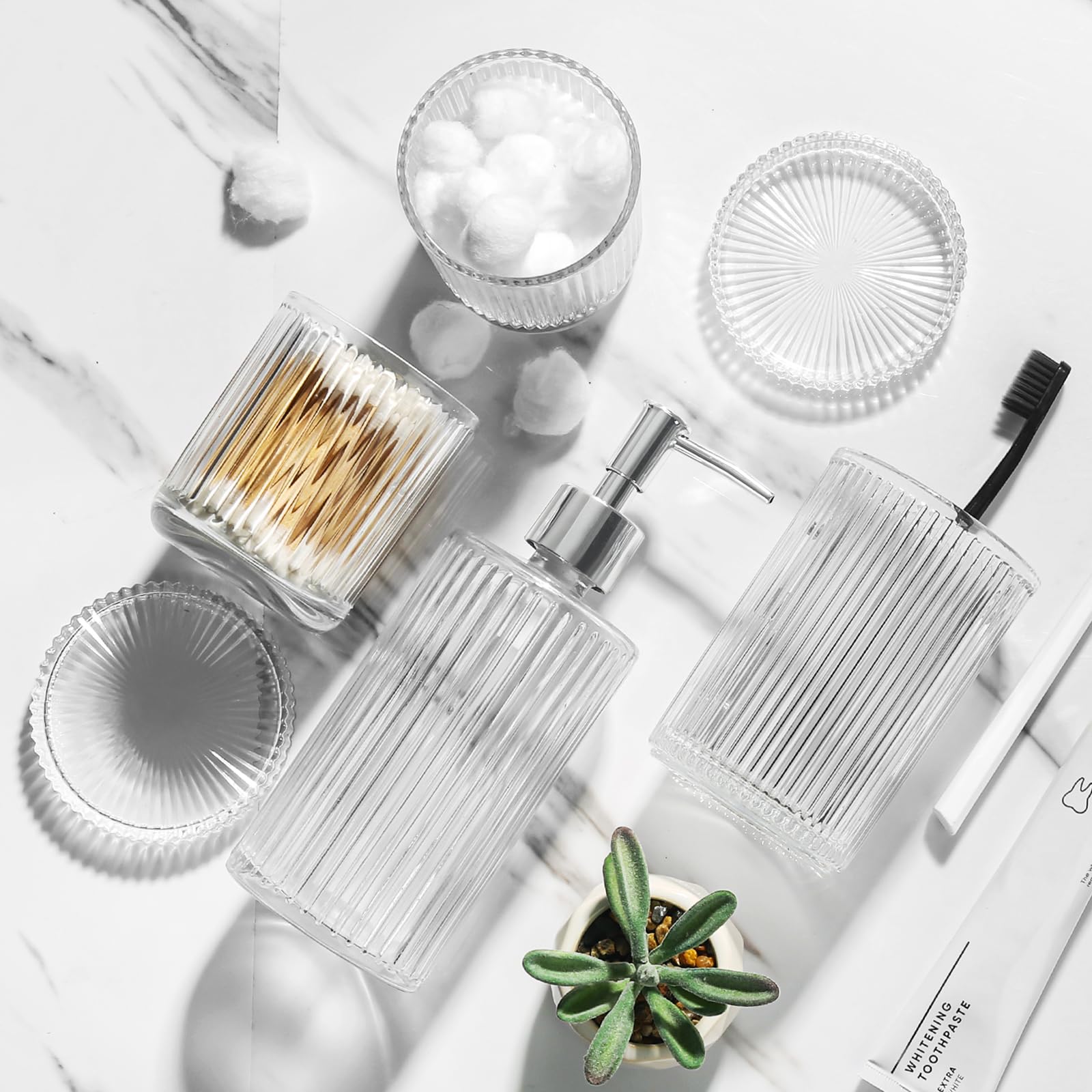 4-Piece Clear Glass Bathroom Accessories Set - Modern Ribbed Soap Dispenser, Toothbrush Holder & 2 Qtips Holders | Sleek Silver Countertop Decor for Bathroom, Vanity & Guest Bath Organization