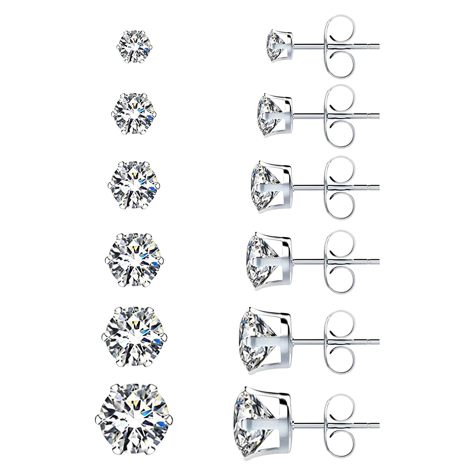 6 Pairs Stainless Steel Stud Earrings Set - Round Cubic Zirconia Hypoallergenic Earrings for Women & Men | Perfect for Everyday Wear, Gifts & Special Occasions