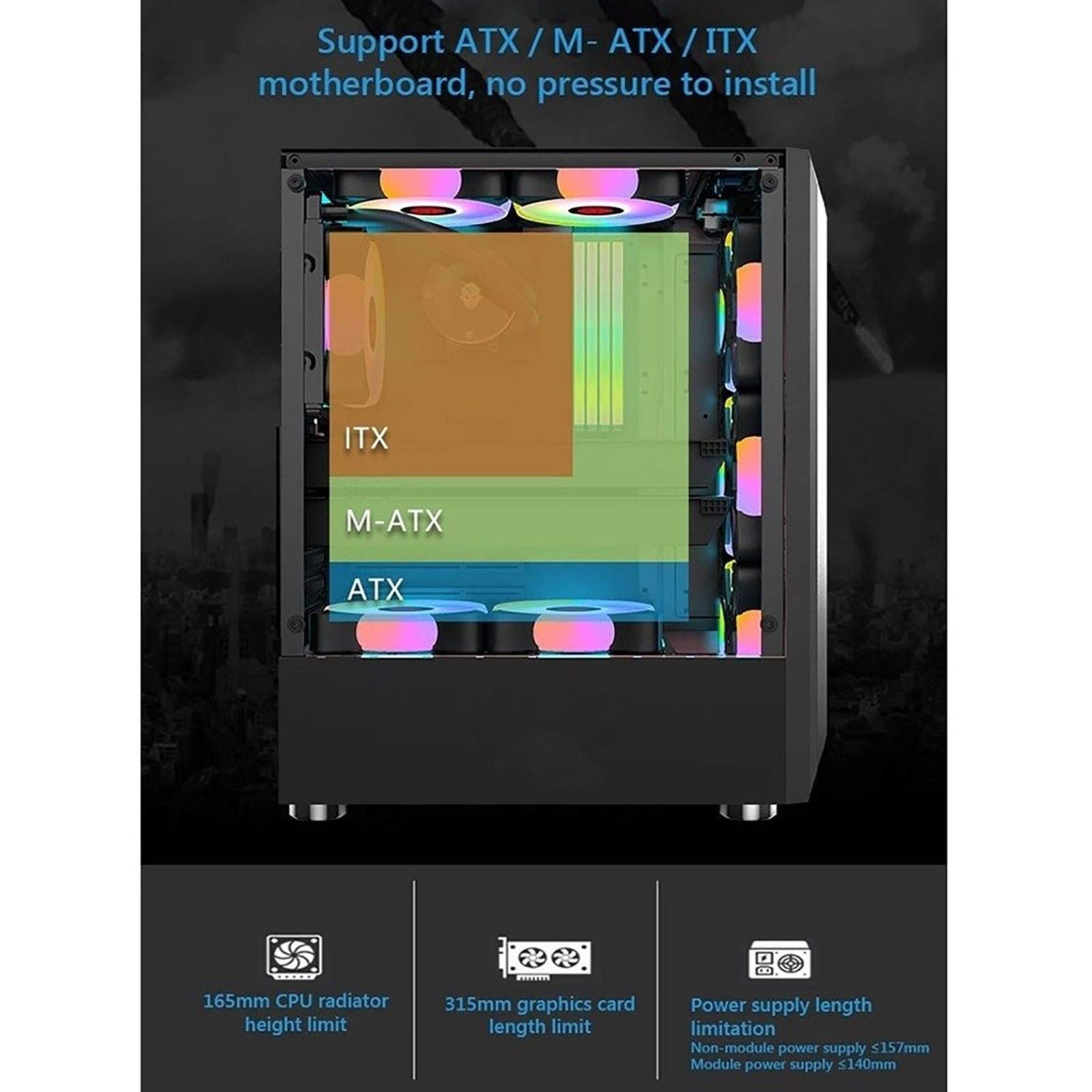 Mid-Tower ATX Computer Case with USB 3.0 Ports, Tempered Glass Panel & RGB Lighting - Supports Water Cooling & 8 Fans (Black) - Perfect for Gaming PC Builds & Custom Workstations