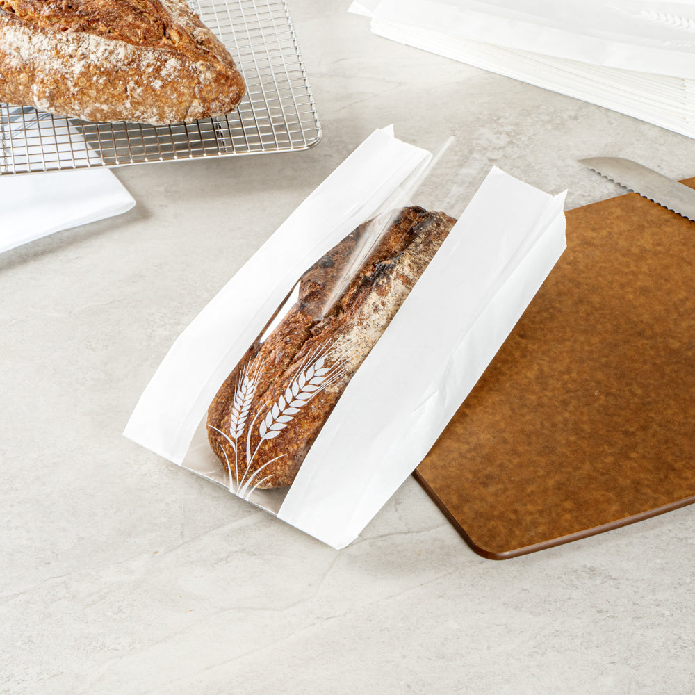 White Paper Bread Bags - Micro Perforated & Greaseproof with Wheat Pattern (5.75