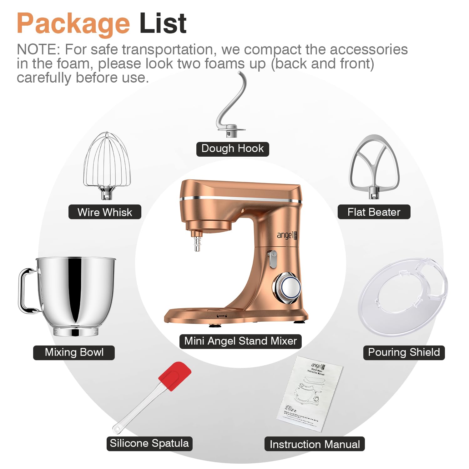 10-Speed 5QT Mini Angel Stand Mixer - Tilt-Head Electric Kitchen Mixer with Stainless Steel Bowl, Dough Hook, Wire Whisk & Flat Beater (Champagne) - Perfect for Baking Cakes, Cookies, Bread & More