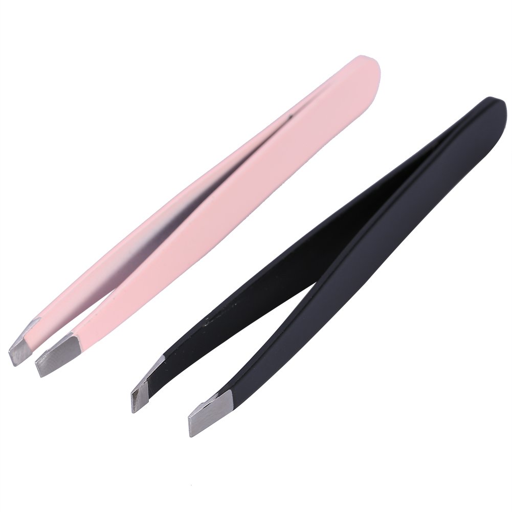 Stainless Steel Eyebrow Tweezers & Clips - Black & Pink for Home Salon & Travel