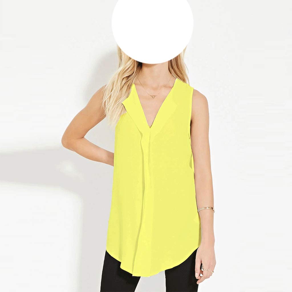 WWWEE Women's Plus Size Summer Chiffon Blouse - Sleeveless Deep V-Neck Loose Asymmetric Top (Yellow, Size S) | Casual Wear, Beach Cover-Up, Office Outfit, Date Night Fashion