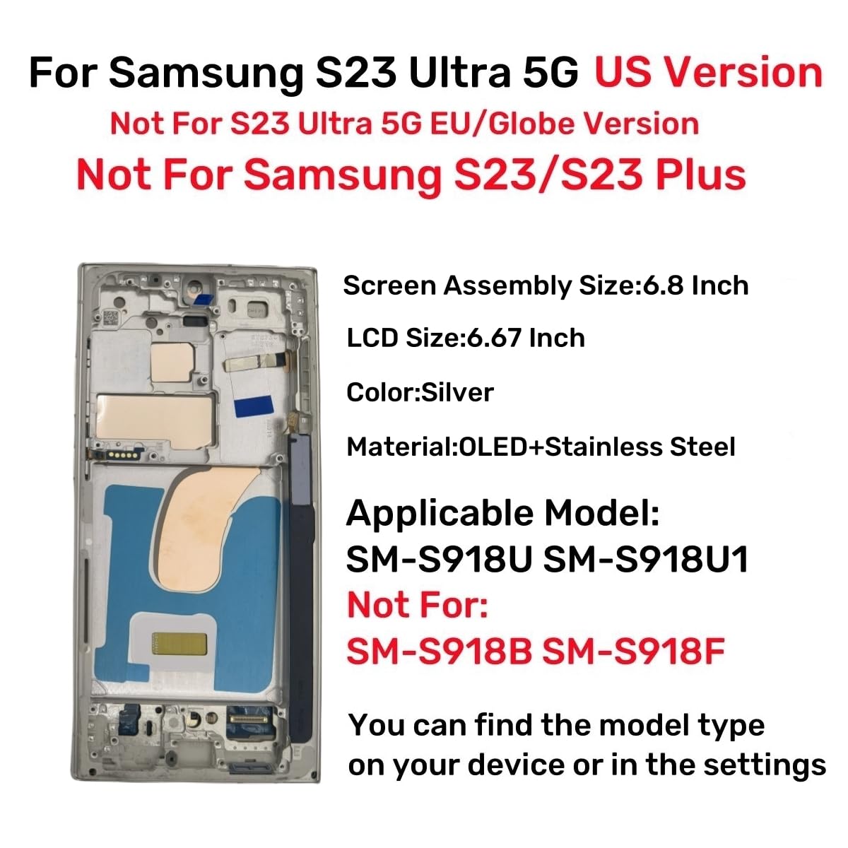 Original OLED Screen Replacement for Samsung Galaxy S23 Ultra 5G (S918U/S918A) - Touch Digitizer Display Assembly with Frame & Toolkits - US Version (Silver) | Perfect for DIY Repairs & Cracked Screen Replacement