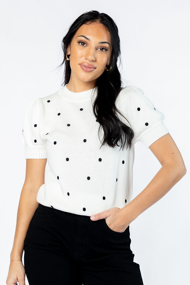 Polka Dot Ivory and Black Short Sleeve Sweater for Women - Cozy Knit Pullover Top for Casual Outings, Date Nights & Office Wear