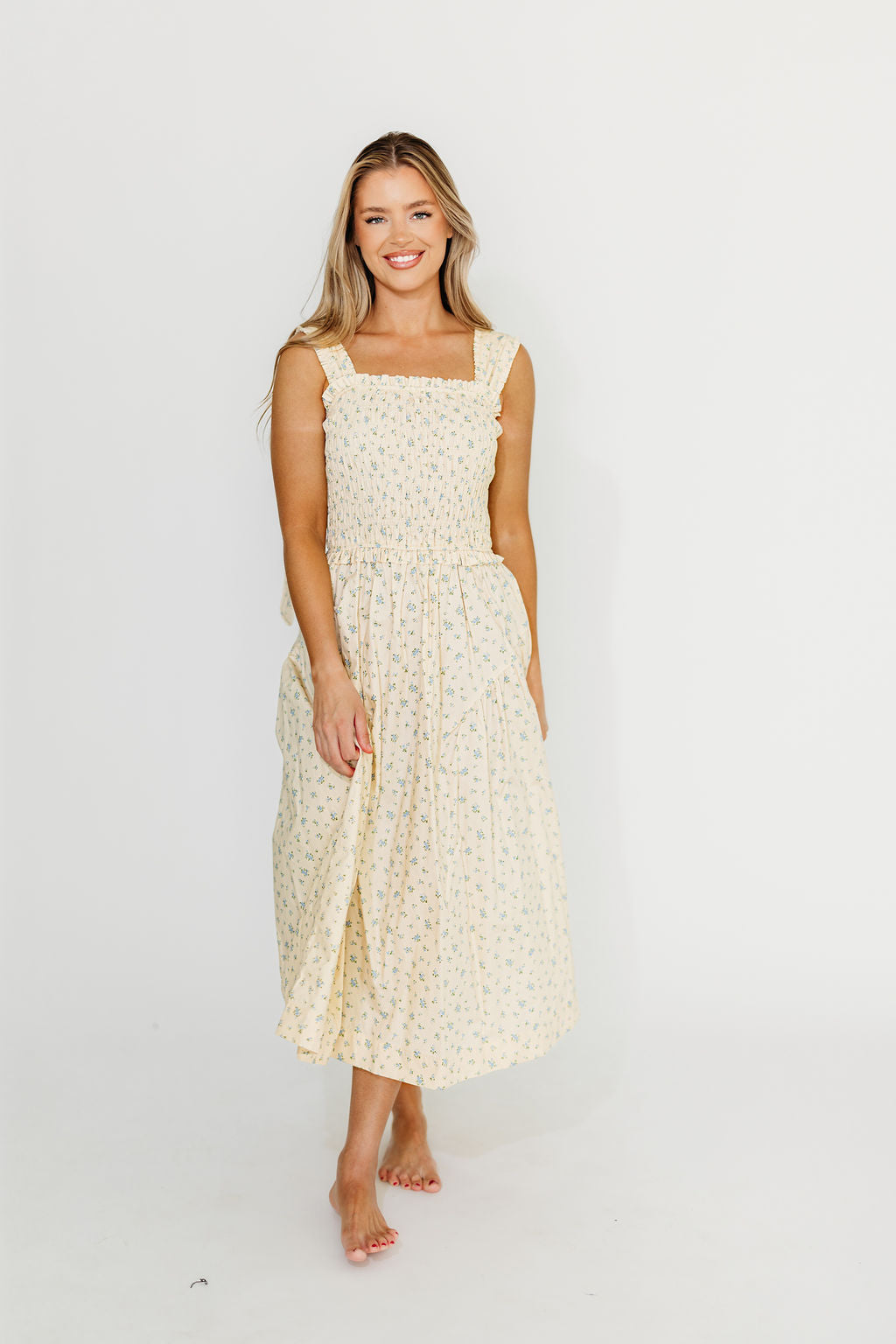 Ava 100% Cotton Smocked Midi Dress - Cream & Blue Floral Print | Women's Summer Casual Dress for Beach, Brunch & Outdoor Events