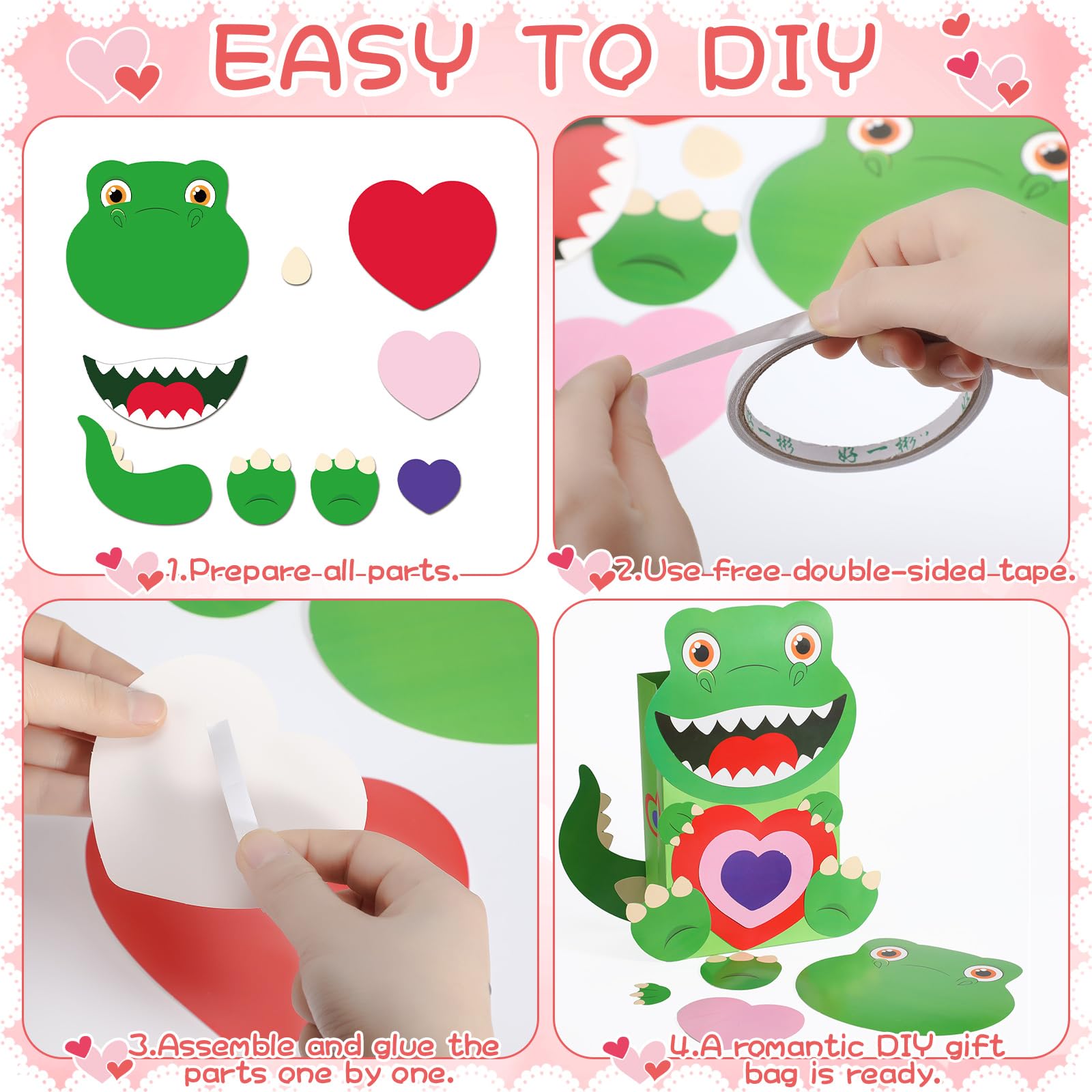 18 Pcs DIY Valentine's Day Paper Gift Bags for Kids - Cute Dinosaur Print Candy Bags with Handles, Classroom Party Favors, School Exchange Gifts, Valentine Crafts & Gift Wrapping Activities (Green) - Perfect for Valentine's Day Celebrations, Classroom Parties & Kids' Craft Activities