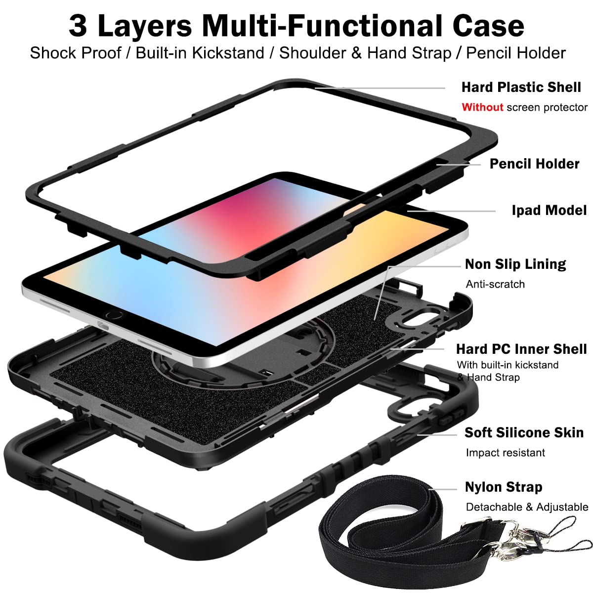 **Apple iPad 10th Gen Case 10.9 inch (2022) - 360° Rotating Kickstand with Pencil Holder, Hand/Shoulder Strap, Shockproof Rugged Cover - Perfect for Work, Travel & Outdoor Use - Black**