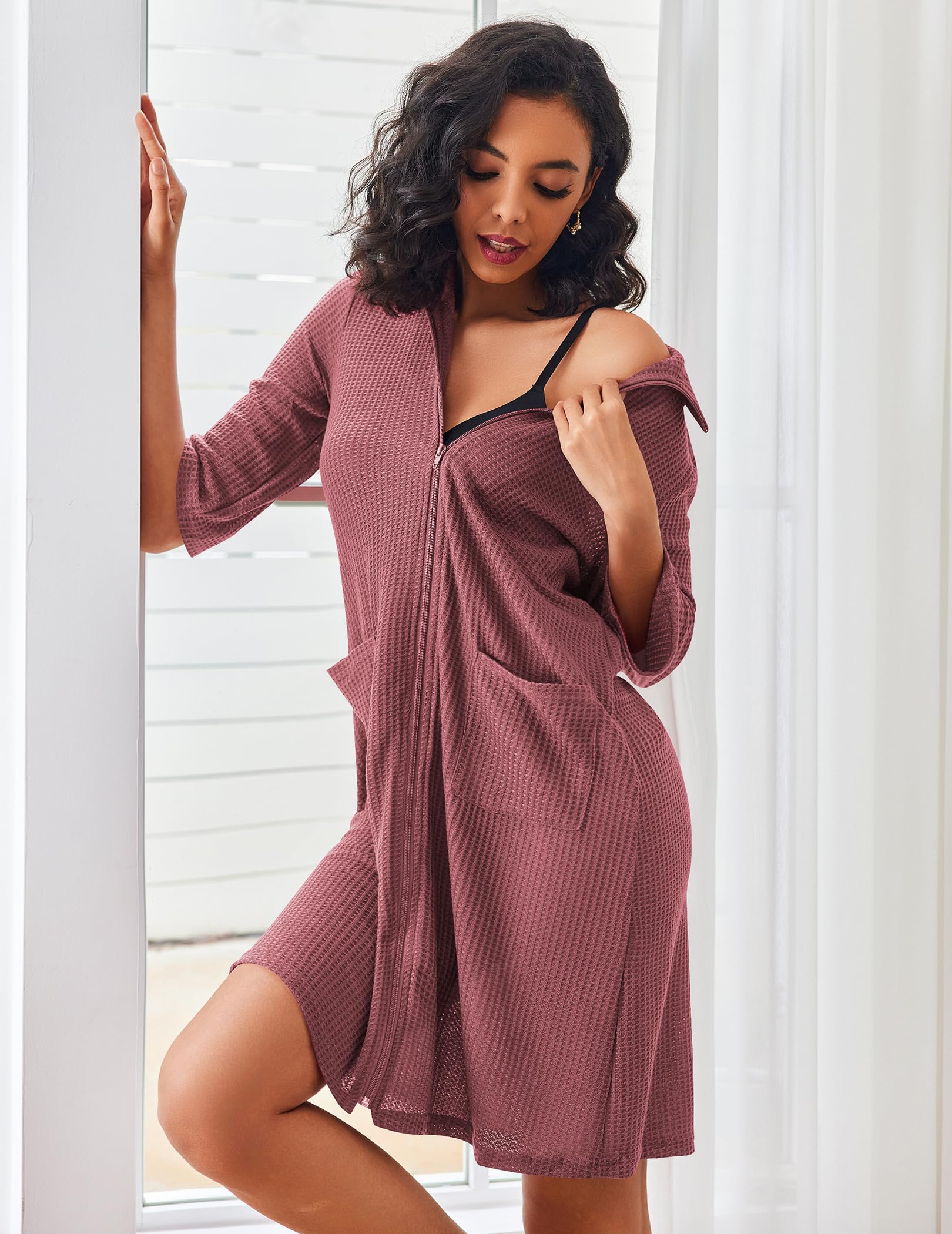 Ekouaer Women's Lightweight Waffle Knit Zipper Robe - Knee Length Short Bathrobe with Pockets for Spa, Lounge & Home Wear (Sizes S-XXL) | Perfect for Relaxation, Post-Shower & Morning Coffee
