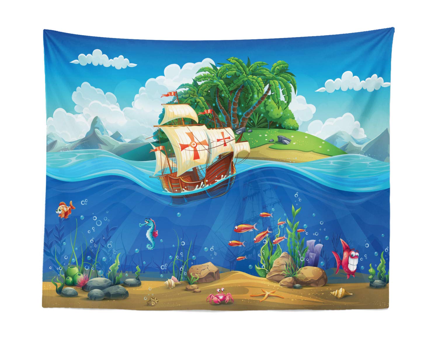 Ambesonne Island Tapestry Wall Art - Cartoon Island & Underwater Scene with Portuguese Caravel - 28x23 Inch Cobalt Blue & Multicolor Fabric Wall Hanging Decor for Bedroom, Living Room, Dorm - Perfect for Beach Theme Rooms & Nautical Decor