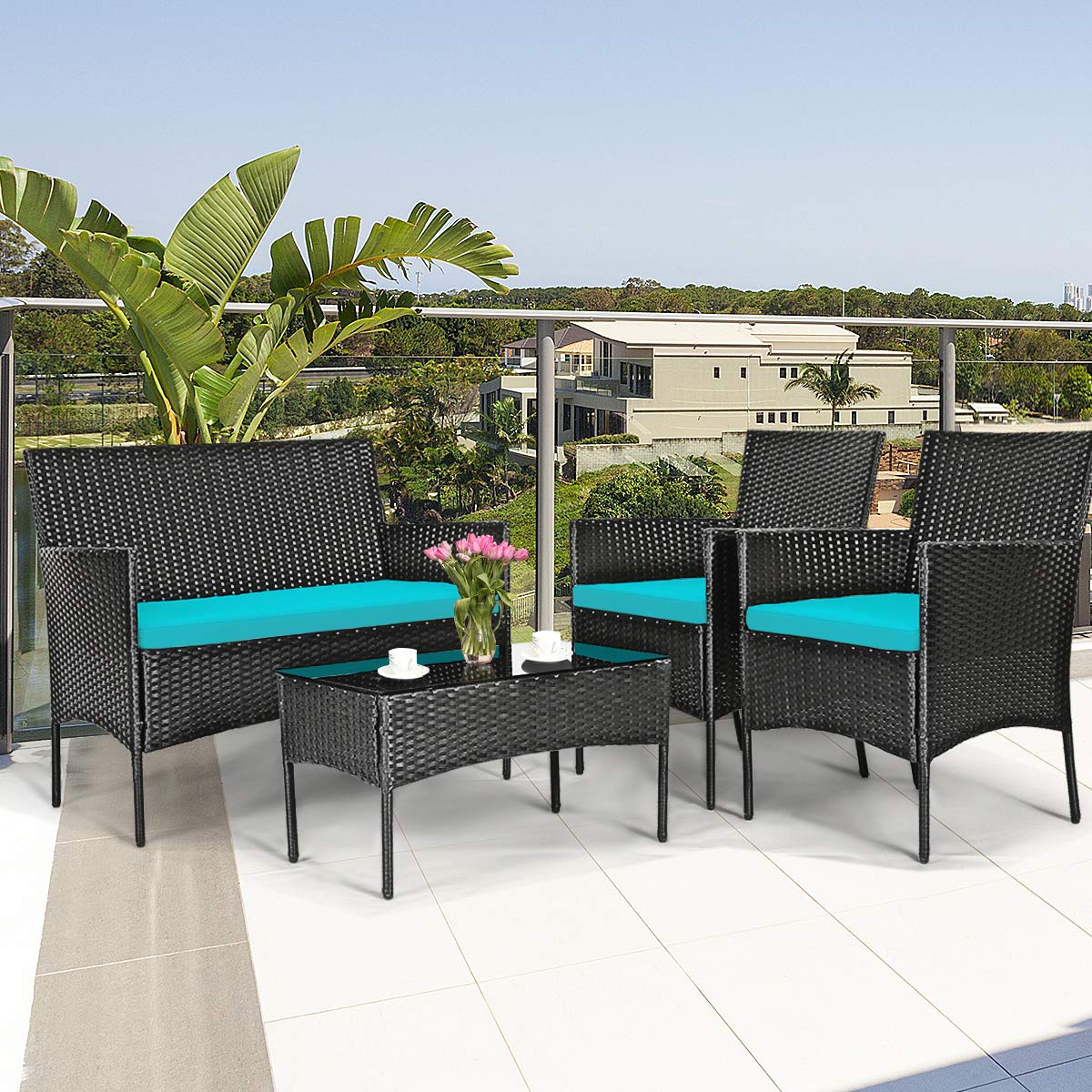 HAPPYGRILL 4-Piece Outdoor Patio Furniture Set - Rattan Wicker Conversation Sofa with Tempered Glass Top Table & Removable Cushions - Perfect for Poolside, Garden, Backyard, and Patio Relaxation