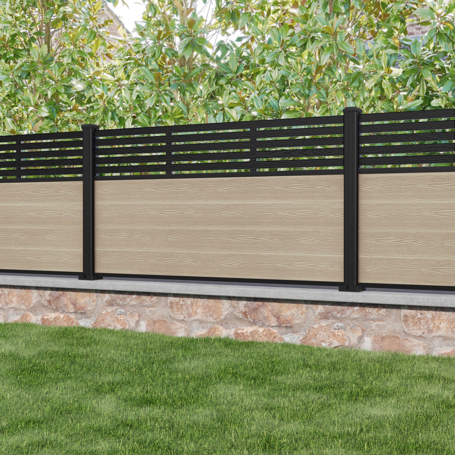 Classic Aspen Fence Panel Light Oak with Aluminum Posts - Durable Outdoor Privacy Fence for Backyard, Garden, and Pool Areas