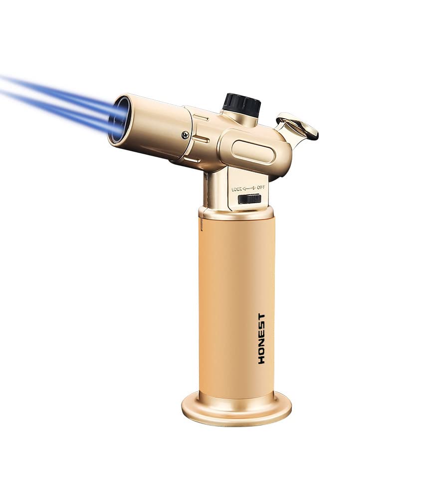 WDMART-US Windproof Refillable Butane Gas Lighter - Dual Turbo Direct Injection Metal Lighter with Fixed Flame Function for Cooking, Camping & Outdoor Use (Gold) | Gas Not Included