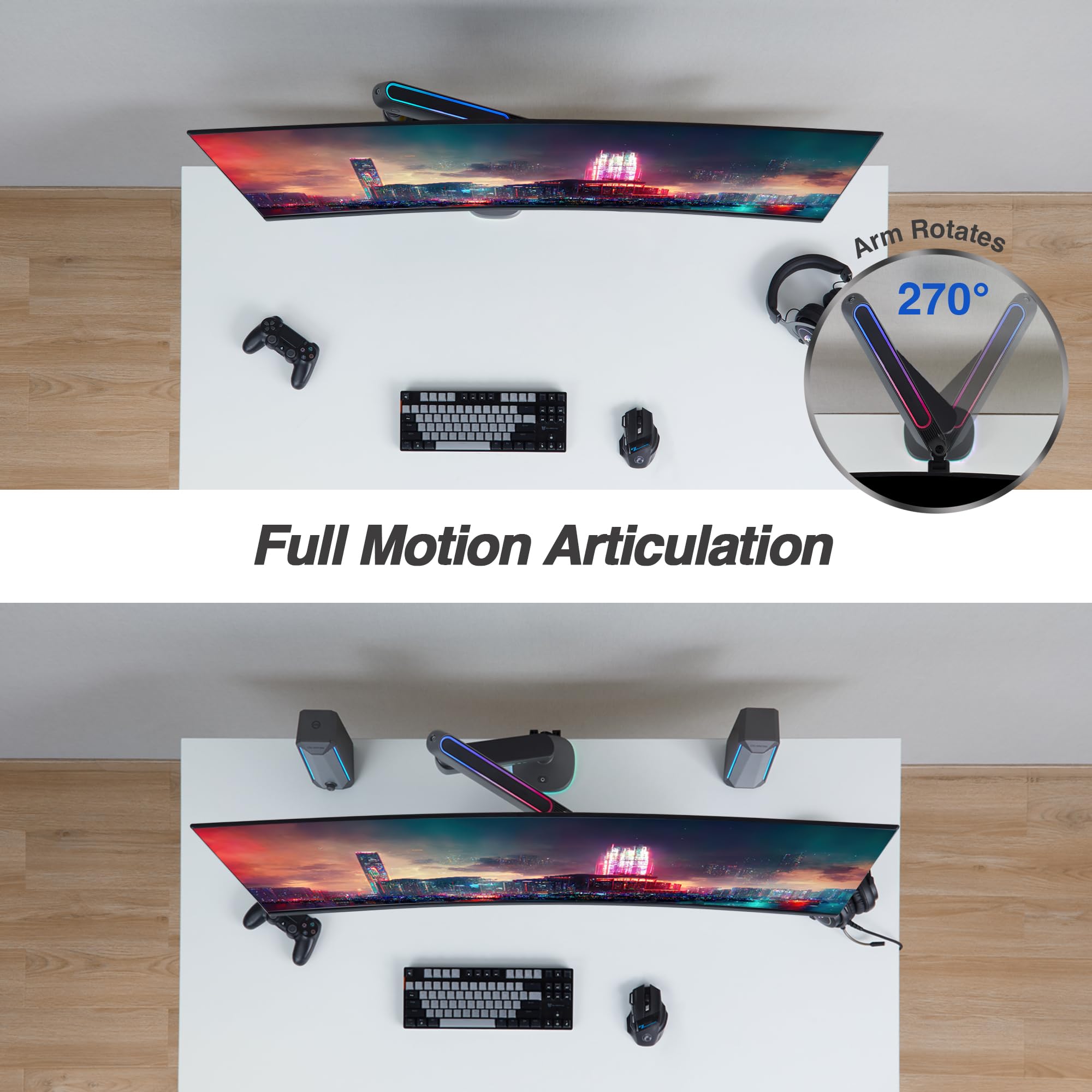 AVLT Single 27”-45” RGB Gaming Monitor Arm Desk Mount with 20 Lighting Modes & Touch Control - Adjustable Height, Swivel, Tilt for Flat/Curved/Ultrawide Screens - Dark Gray | Perfect for Gaming Setup, Home Office & Workstation Ergonomics