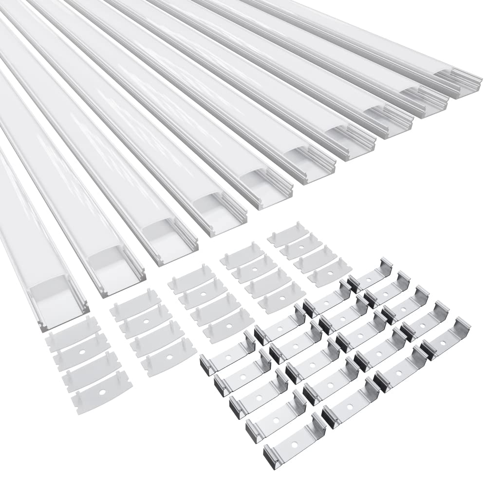 10x40cm Aluminum LED Profile with Milky Polycarbonate Cover, End Caps & Mounting Clips for LED Strips - Perfect for Under Cabinet, Shelf & Stair Lighting