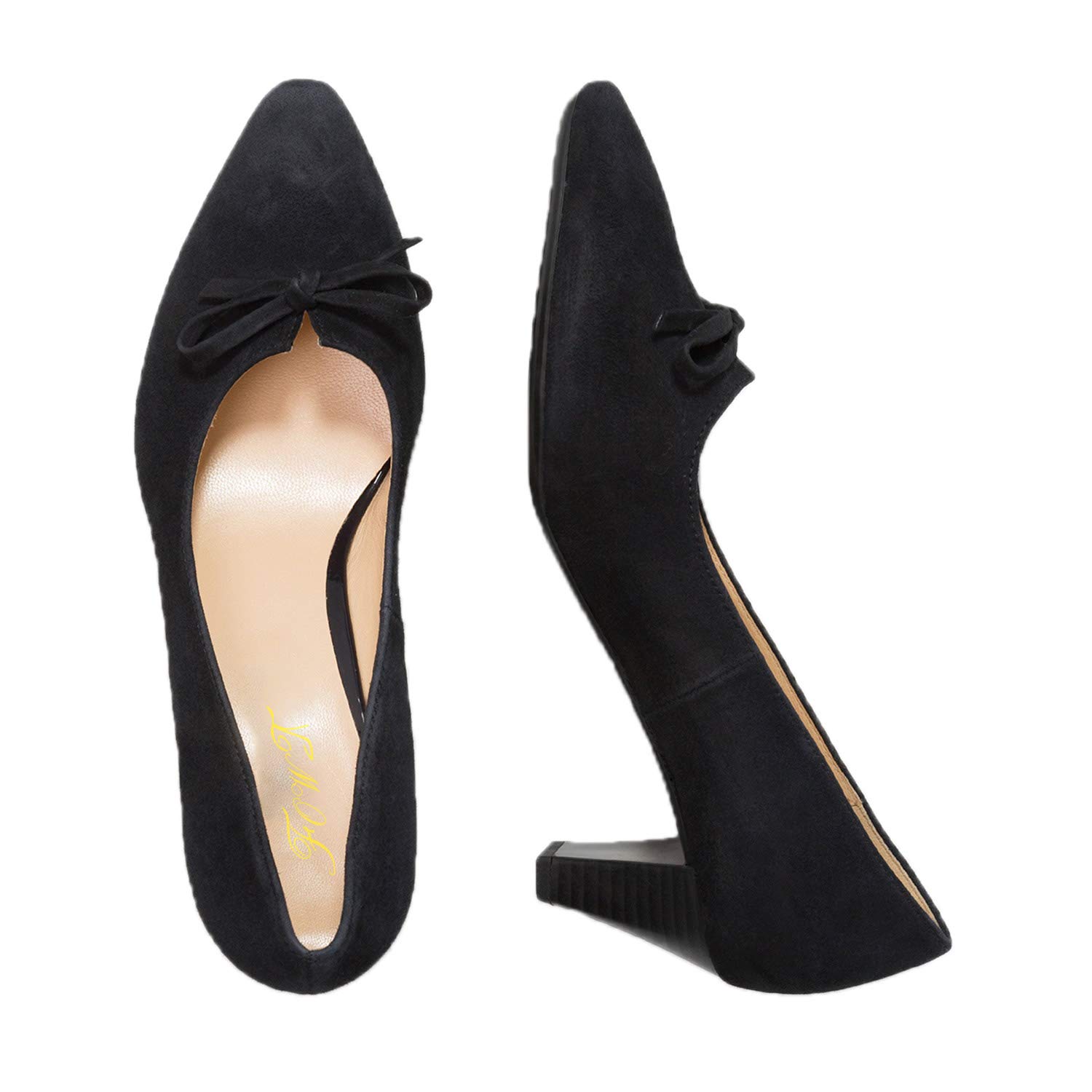 FOWT Women's Bow Decor Loafers - Stacked Mid Heel Pumps with V-Cut Strap & Bow Knot | Pointed Toe Slip-On Dress Shoes | Comfortable Soft Walking Shoes for Fall & Daily Wear (US Size 4-16) | Perfect for Office, Dating & Casual Outfits