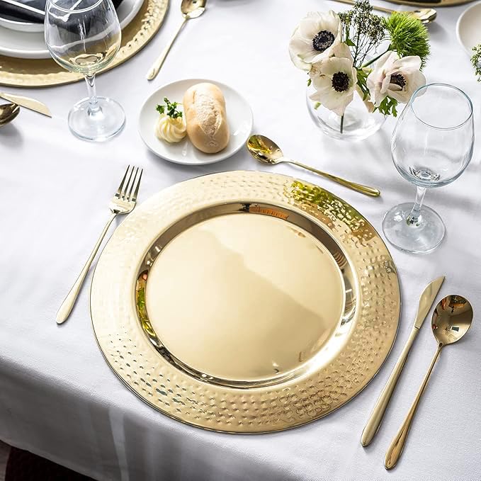 6-Pack 13 Inch Gold Stainless Steel Charger Plates with Hammered Rim - Elegant Dinner Plate Chargers for Weddings, Parties & Formal Dining - Durable & Stylish Table Setting