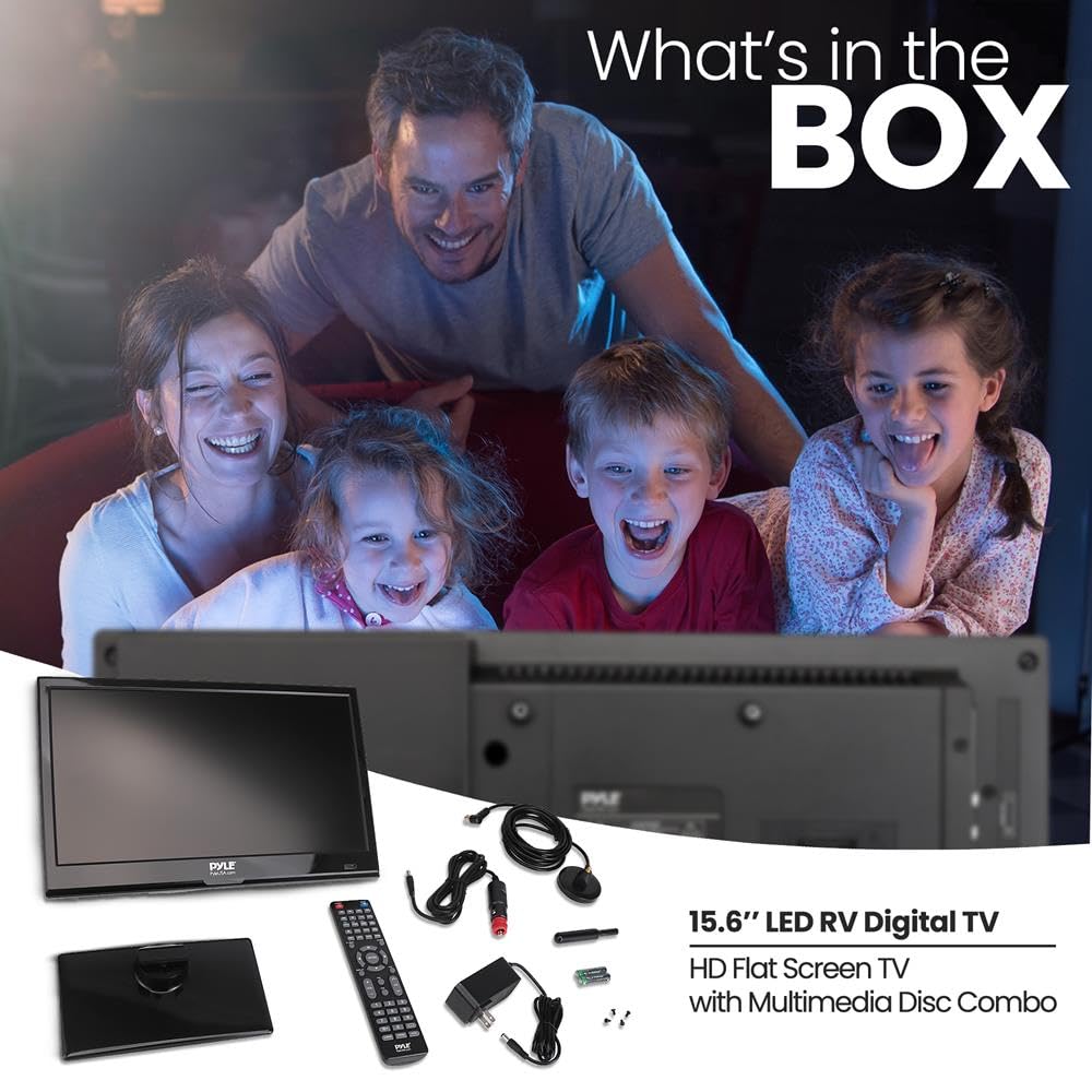 15.6 Inch 1080p FHD LED RV Television - Slim Flat Screen Monitor with HDMI, RCA, DVD Player, 12V/24V Car Adapter & Wall Mount | Compatible with Mac/PC | Includes Remote Control | Perfect for Camping, Road Trips & Small Spaces