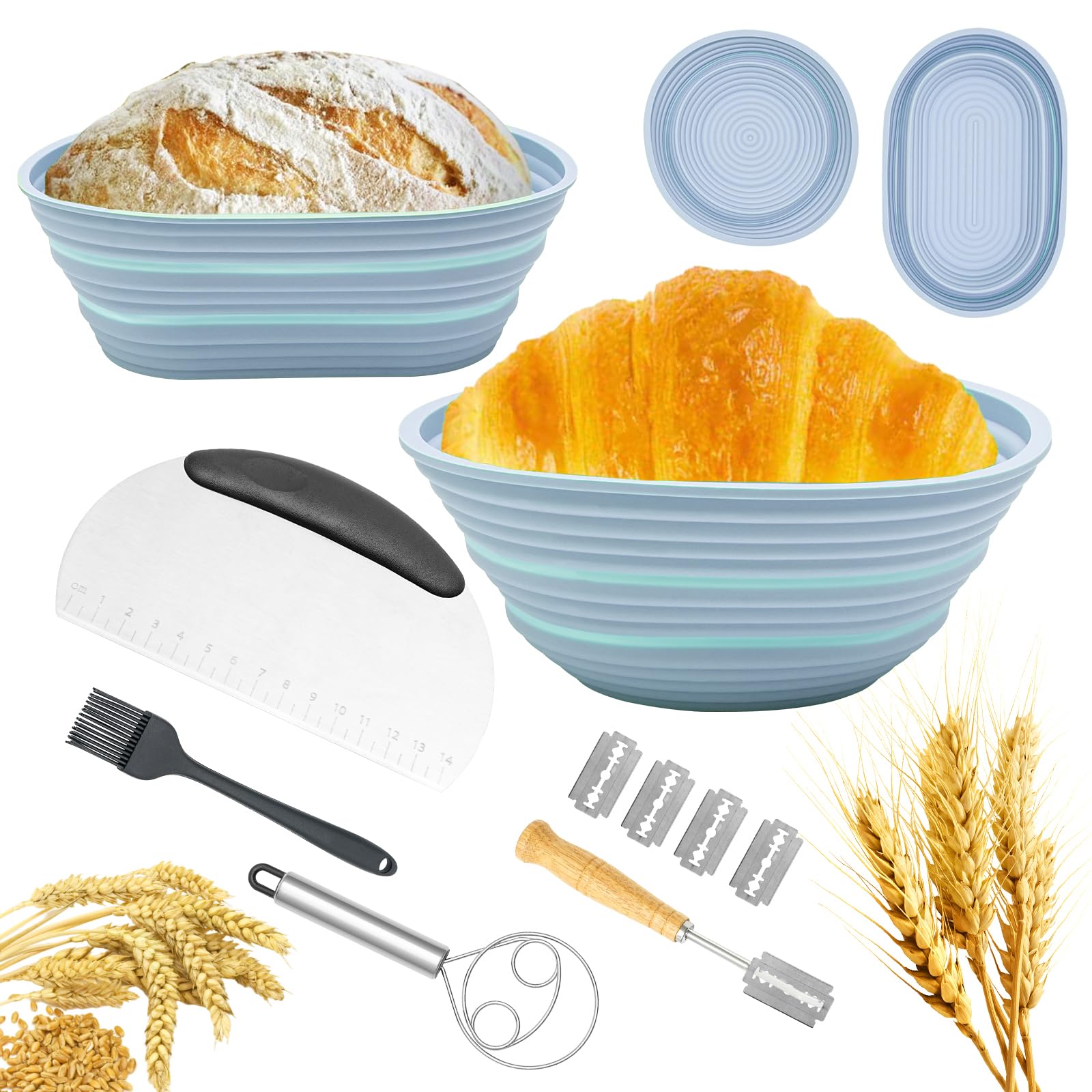 Premium Sourdough Bread Baking Kit - 2-Pack Silicone Banneton Proofing Baskets (9