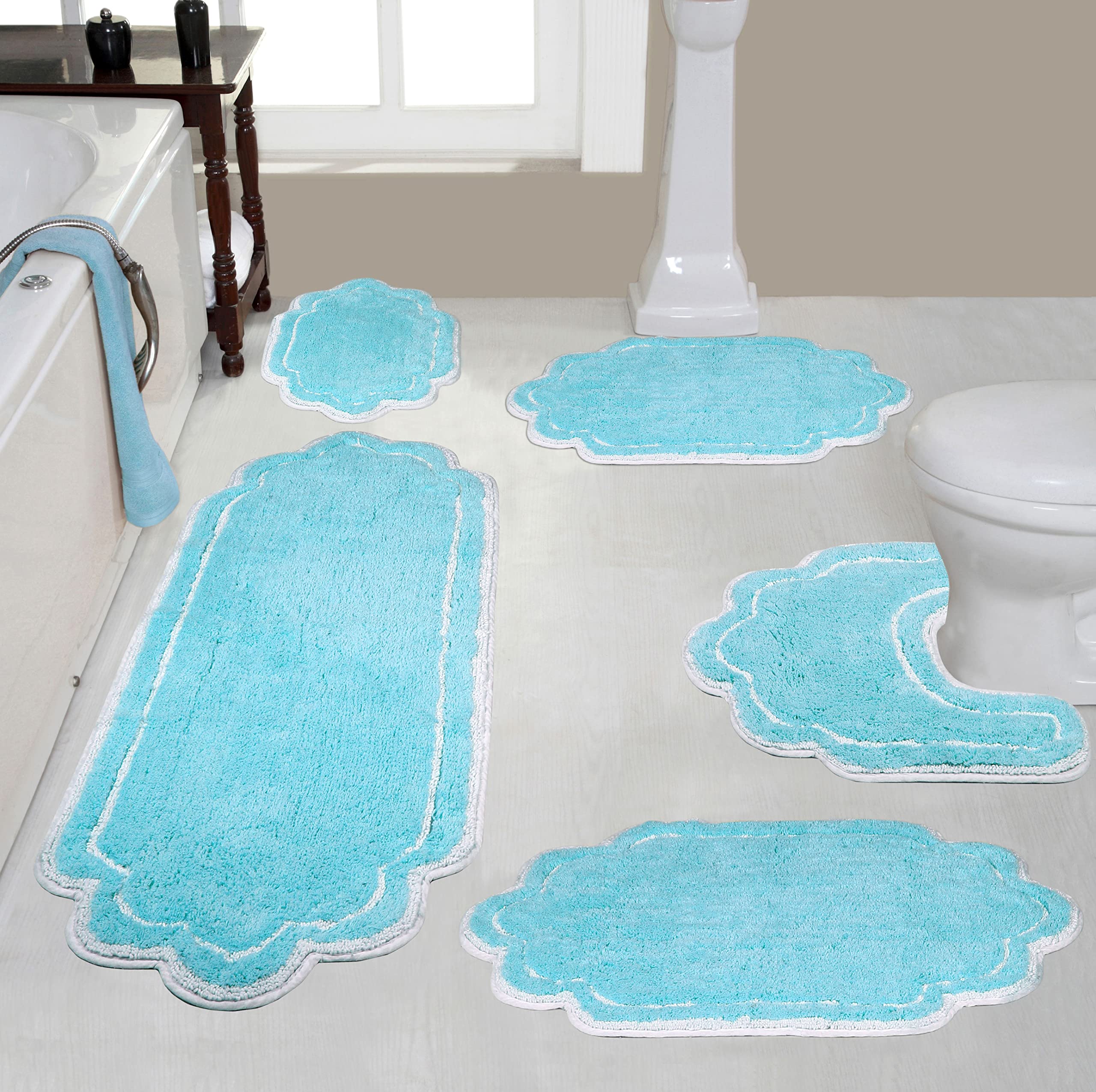 Home Weavers Allure Collection 100% Cotton Tufted Bathroom Rug Set - Soft, Absorbent & Non-Slip Bath Mats for Bathroom Floor (5-Piece, Turquoise) | Machine Washable, Contour Design - Perfect for Bathrooms, Showers & Spa Areas