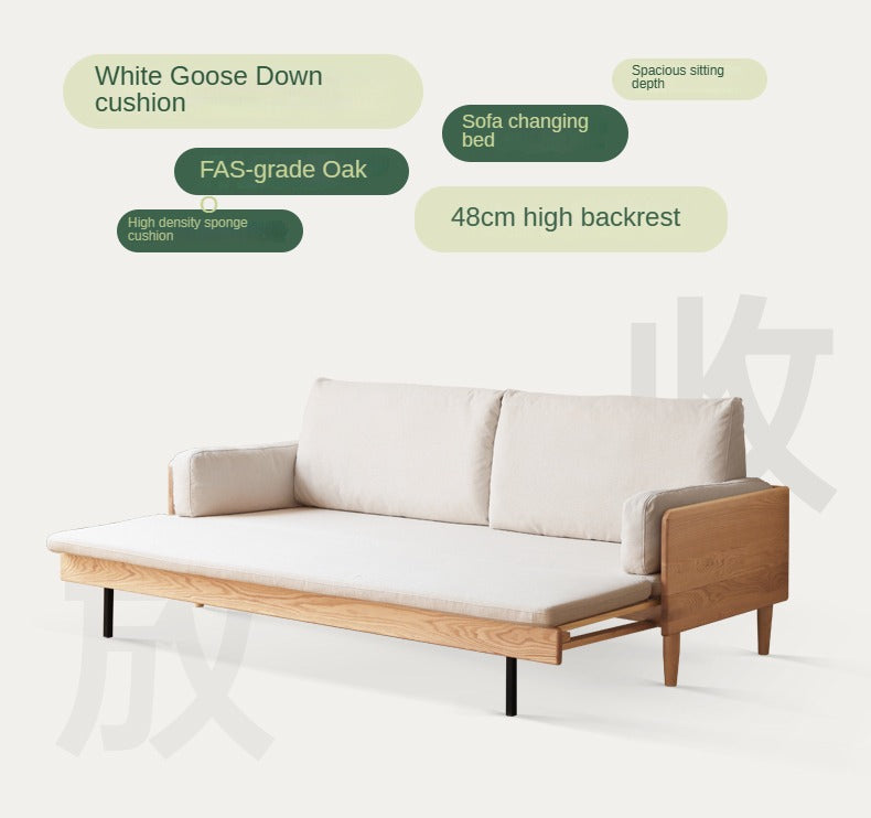 Oak Solid Wood Sofa Bed with Folding White Goose Feather Cushions - Convertible Sleeper for Small Spaces & Guest Rooms