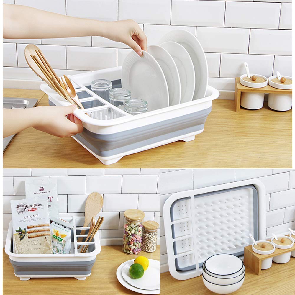 Collapsible Silicone Dish Drying Rack with Utensil Holder - Foldable Space-Saving Kitchen Organizer for Dishes, Cups & Cutlery - Perfect for Small Kitchens, RVs & Dorm Rooms (Multicolor)