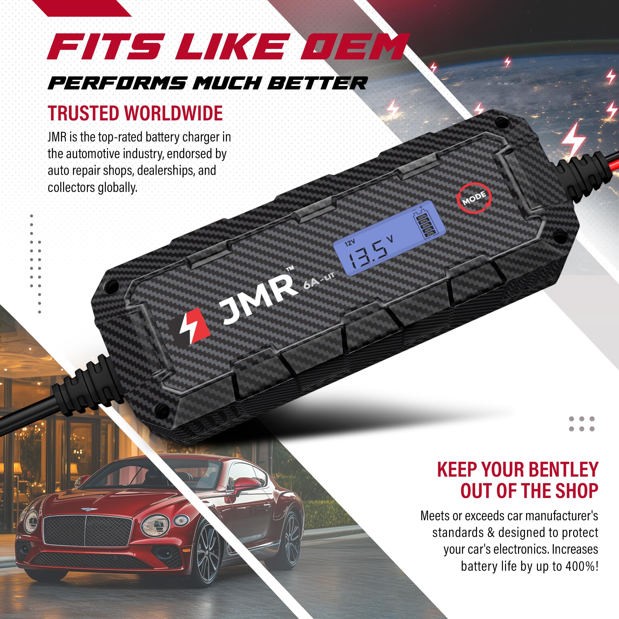 Premium JMR Battery Charger for Bentley Continental GT, Bentayga, Flying Spur & Mulsanne - Smart Trickle Charger with Magnetic Port & Lithium Mode - Perfect for Winter Storage & Long-Term Vehicle Maintenance