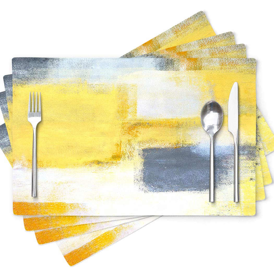 Modern Abstract Art Placemats Set of 4 - Non-Slip Dining Table Mats for Home & Cafe - Yellow Waterproof Placemats for Kitchen, Restaurant, and Party Decor