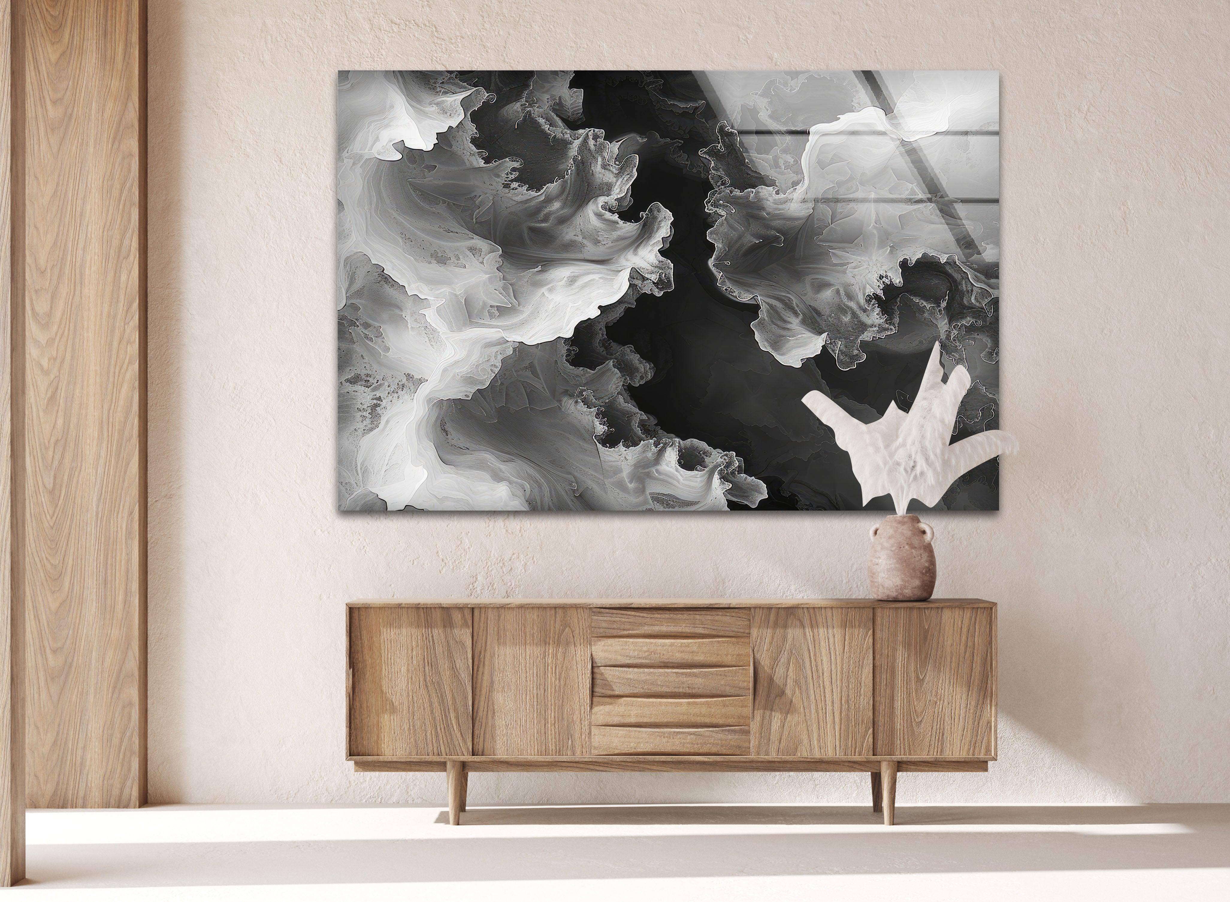 Modern Black & White Abstract Wave Glass Wall Art - Handmade Contemporary Home Decor for Living Room, Bedroom & Office