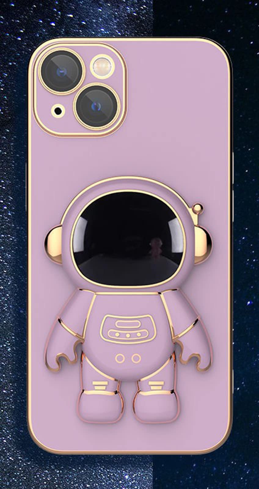 Astronaut Themed 6D Plating Phone Case with Stand for iPhone 14/14 Plus/14 Pro Max - Shockproof Protective Cover in Purple | Perfect for Space Enthusiasts & Everyday Use