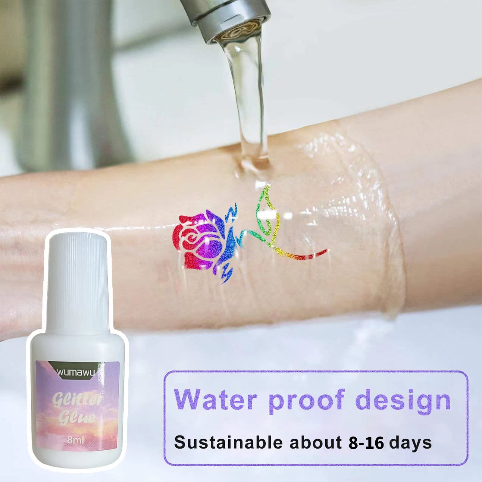 Wumawu Temporary Tattoo Glue - 8ml Water Soluble Glitter Adhesive with Brush Bottle for Body Art | Perfect for Halloween, Cosplay, Face Painting & Costume Events | Safe for Skin, Easy Wash Off (4 Pack)