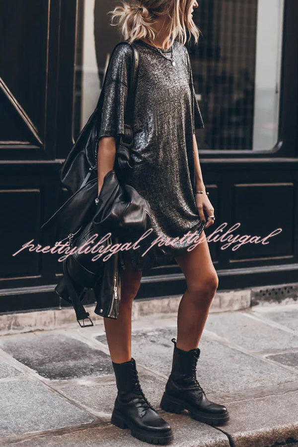 Dark Sparkly Relaxed Slit T-Shirt Mini Dress for Women | Party, Club & Night Out Outfits