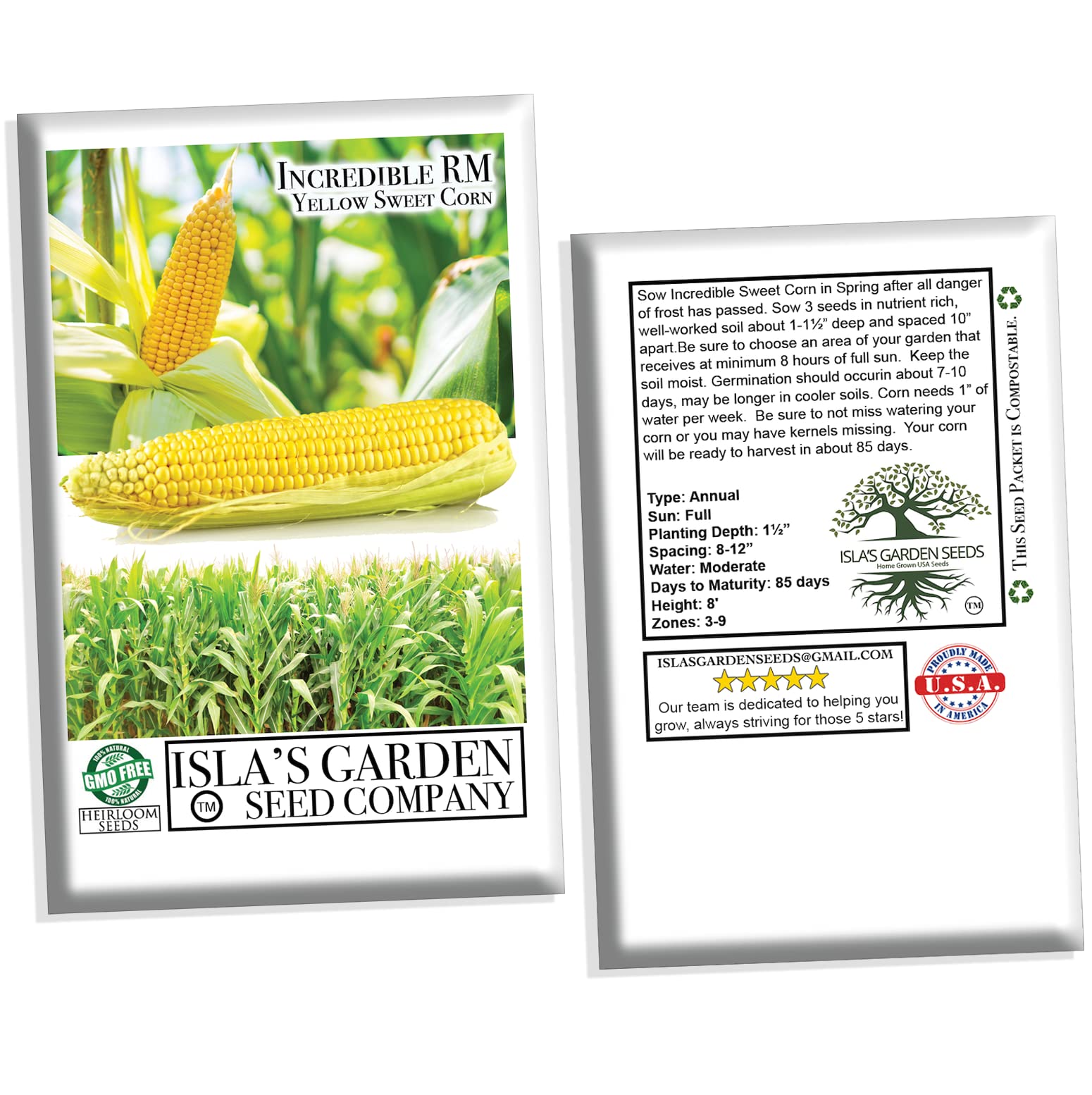 Sweet Incredible Yellow Corn Heirloom Seeds - 75 Non-GMO Seeds with 90% Germination Rate for Home Garden Planting | Perfect for Fresh Eating, Canning & Farm-to-Table Recipes by Isla's Garden Seeds