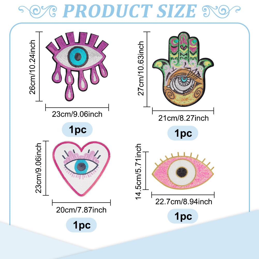 INFUNLY 4PCS Large Evil Eye Embroidered Iron-On Patches - Heart & Hand Rhinestone Appliques for DIY Clothing, Jackets, Bags - Sew On Repair Patches for Fashion & Craft Projects (Boho Style Decor)