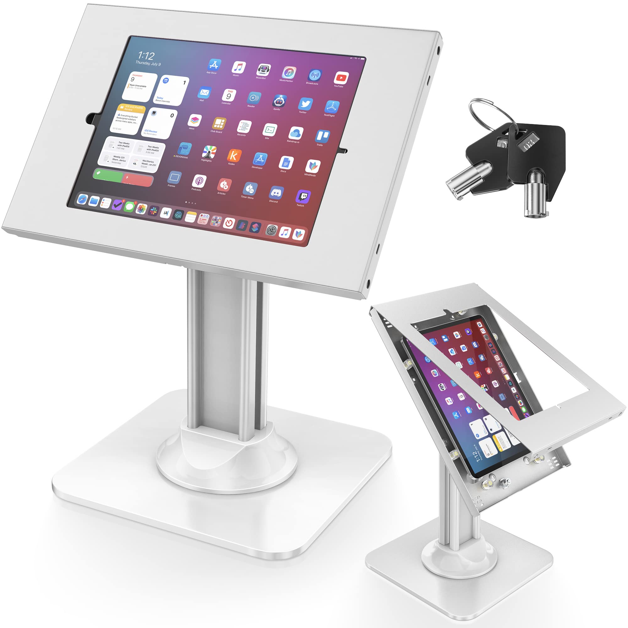 AboveTEK Anti-Theft iPad Kiosk Stand - Secure POS Tablet Stand with Heavy Duty Base, 360° Swivel & 75° Tilt - Compatible with iPad/iPad Air/iPad Pro (White) - Perfect for Retail Stores, Restaurants & Self-Service Kiosks