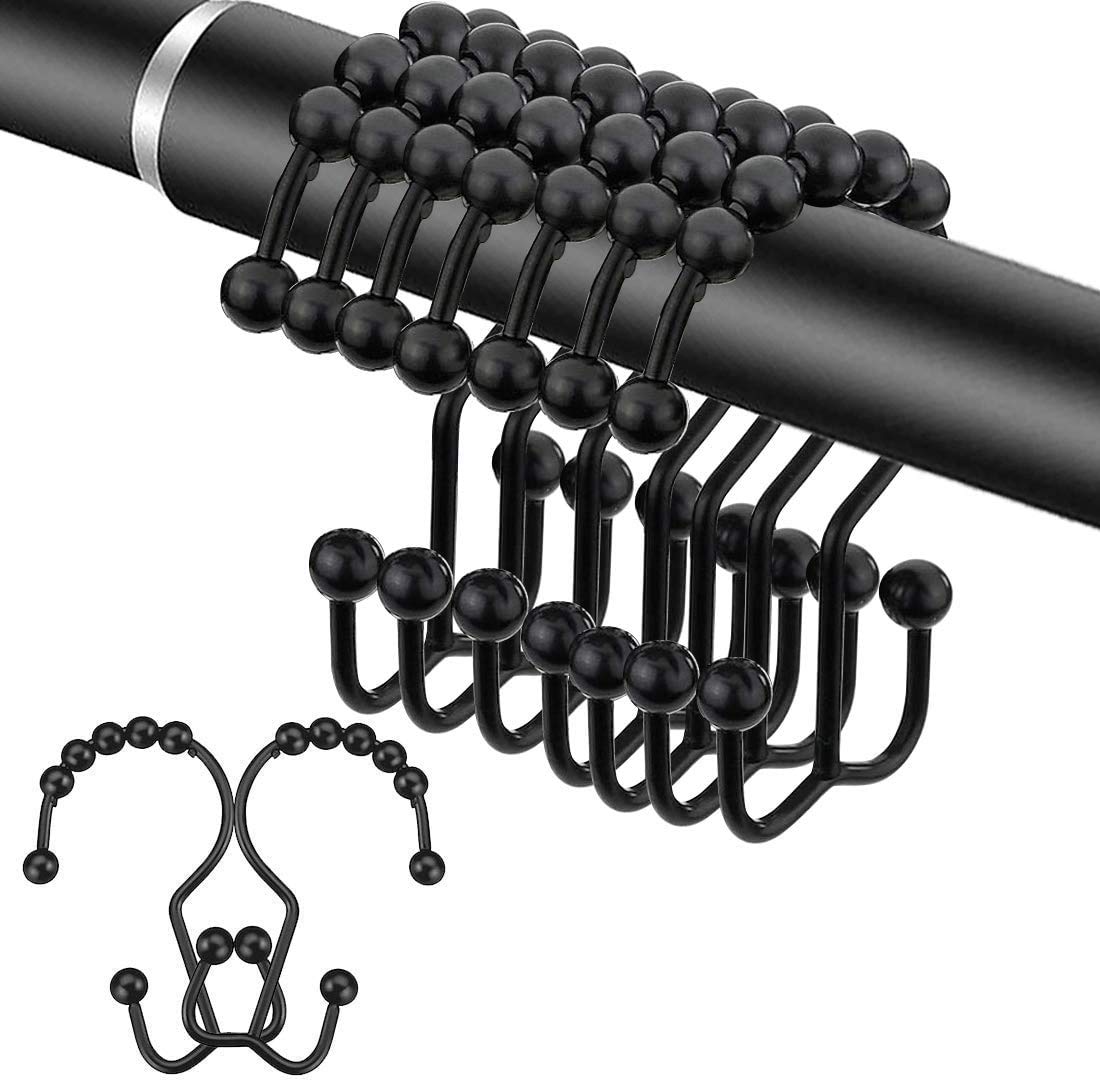 Stainless Steel Shower Curtain Hooks - 12 Pack Matte Black Metal Double Glide Rings for Bathroom Shower Rods & Curtains - Durable Rustproof Shower Accessories for Home, Hotel, and Apartment Bathrooms