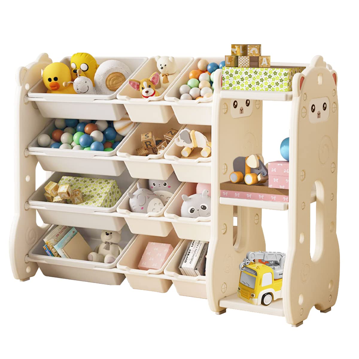 **4-Tier Kids Bookshelf with 12 Storage Bins - Multi-Purpose Toy Organizer for Books & Toys - White Toddler Bookcase for Playroom, Bedroom, Daycare & Nursery - Perfect for Organizing and Decorating Kids' Spaces**