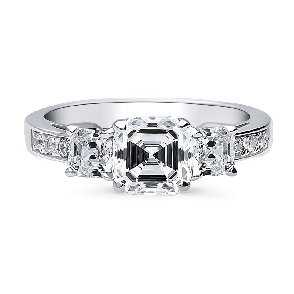 BERRICLE Sterling Silver 3-Stone Wedding Engagement Ring 1.6 Carat Asscher Cut Cubic Zirconia CZ Promise Ring for Women, Rhodium Plated Size 4-10 - Perfect for Proposals, Anniversaries & Special Occasions