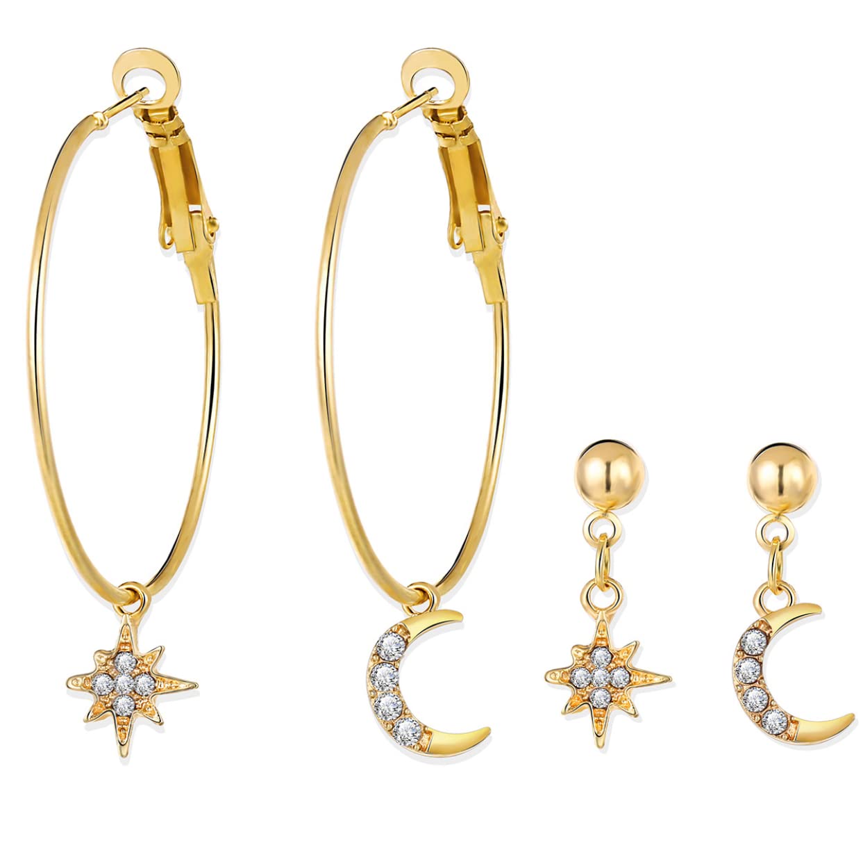 Anlagrace Halloween 4Pcs Cute Big Hoop Earrings Set - Elegant Moon & Star Crystal Dangle Earrings, Vintage Boho Stud Earrings for Women & Girls | Perfect for Costume Parties, Festivals & Everyday Wear