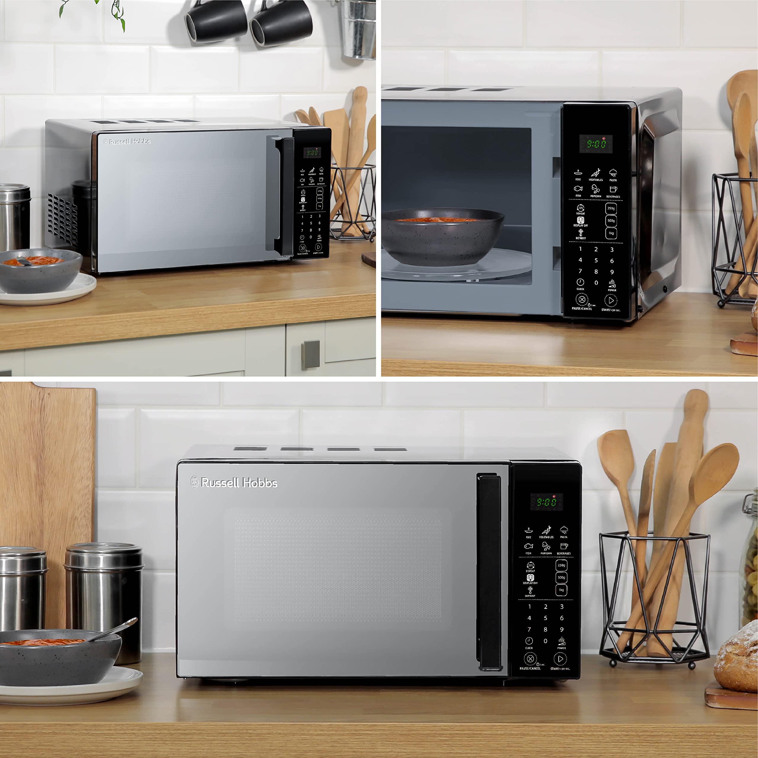 Russell Hobbs RHMT2004B 20L 800W Black Touch Control Digital Microwave Oven - 10 Power Levels, 6 Auto Cook Menus, Defrost Function, Clock & Timer - Perfect for Small Kitchens, Dorms & Offices