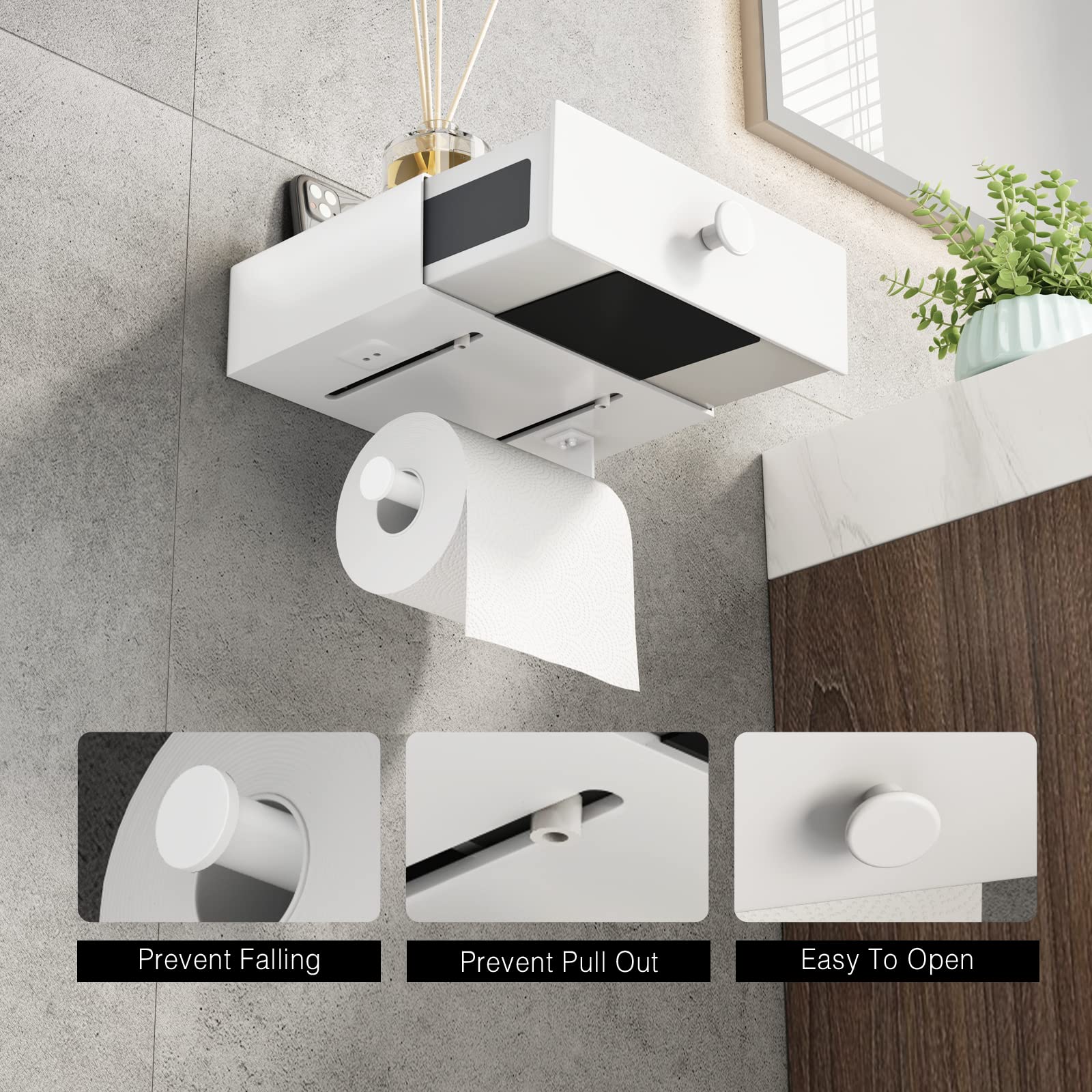 VOLDRA White Wall Mount Toilet Paper Holder with Shelf & Wipes Dispenser - Space Saving Bathroom Storage Organizer with Adhesive Mount & Upgrade Drawer Design - Perfect for Small Bathrooms, Powder Rooms & RVs