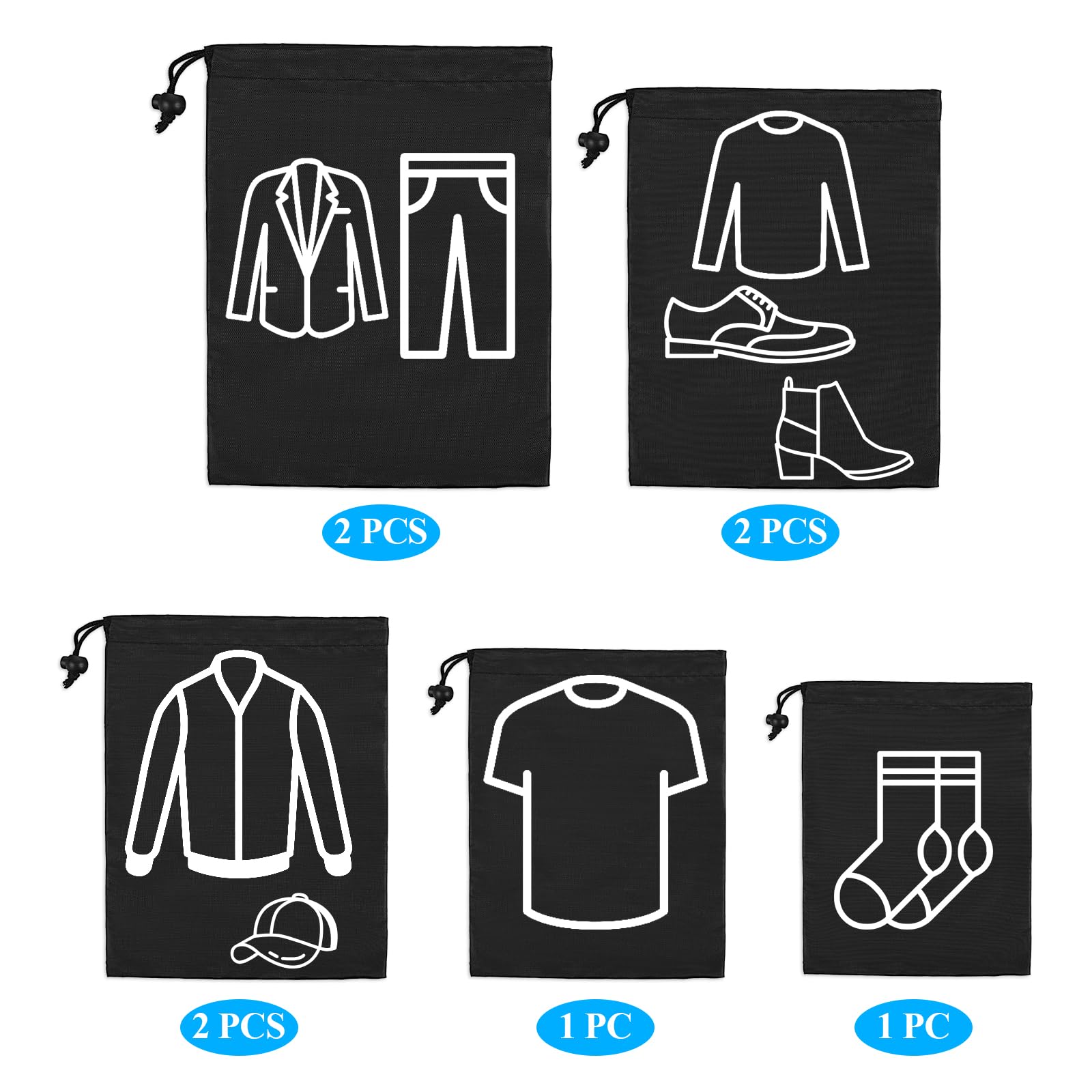 8-Piece Waterproof Drawstring Shoe Bags Set - 201D Polyester Travel Storage Pouches for Shoes, Clothes & Accessories - Foldable Organizer for Gym, Travel, Camping & Shopping (Black)
