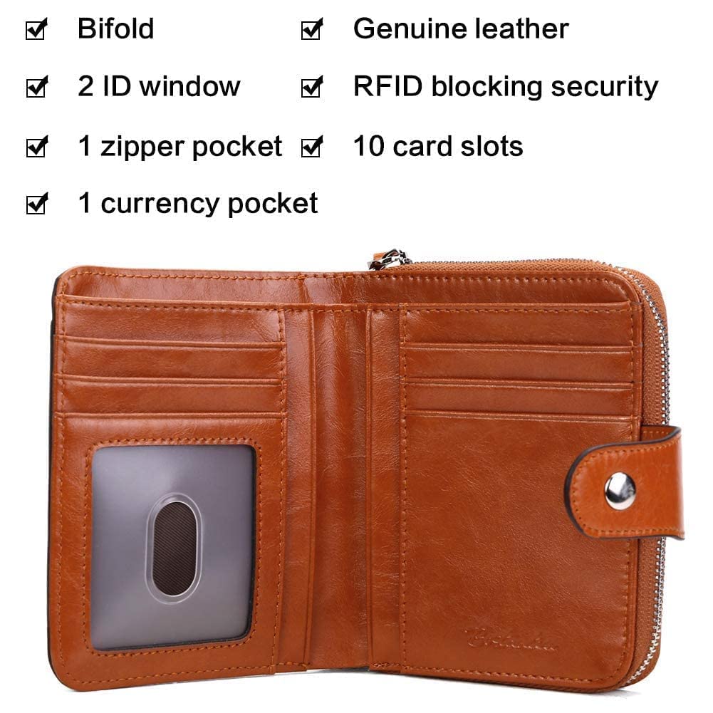 BOSTANTEN Women's Leather Designer Handbag Tote Purse Shoulder Bucket Bag with RFID Blocking Wallet Set - Black Handbag & Brown Bifold Wallet for Work, Travel, and Everyday Use