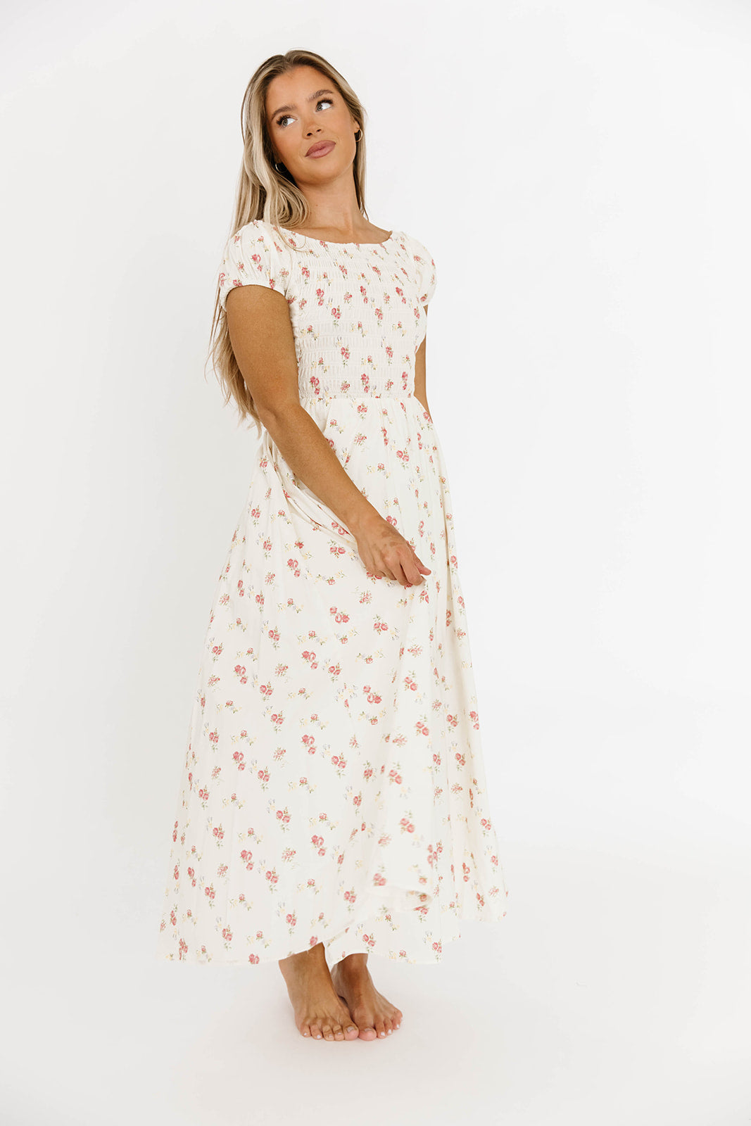 Denise Women's 100% Cotton Smocked Maxi Dress with Floral Print, Ruffled Piecing & Strappy Back - Cream Summer Beach Dress for Vacation, Wedding Guest & Boho Outfits