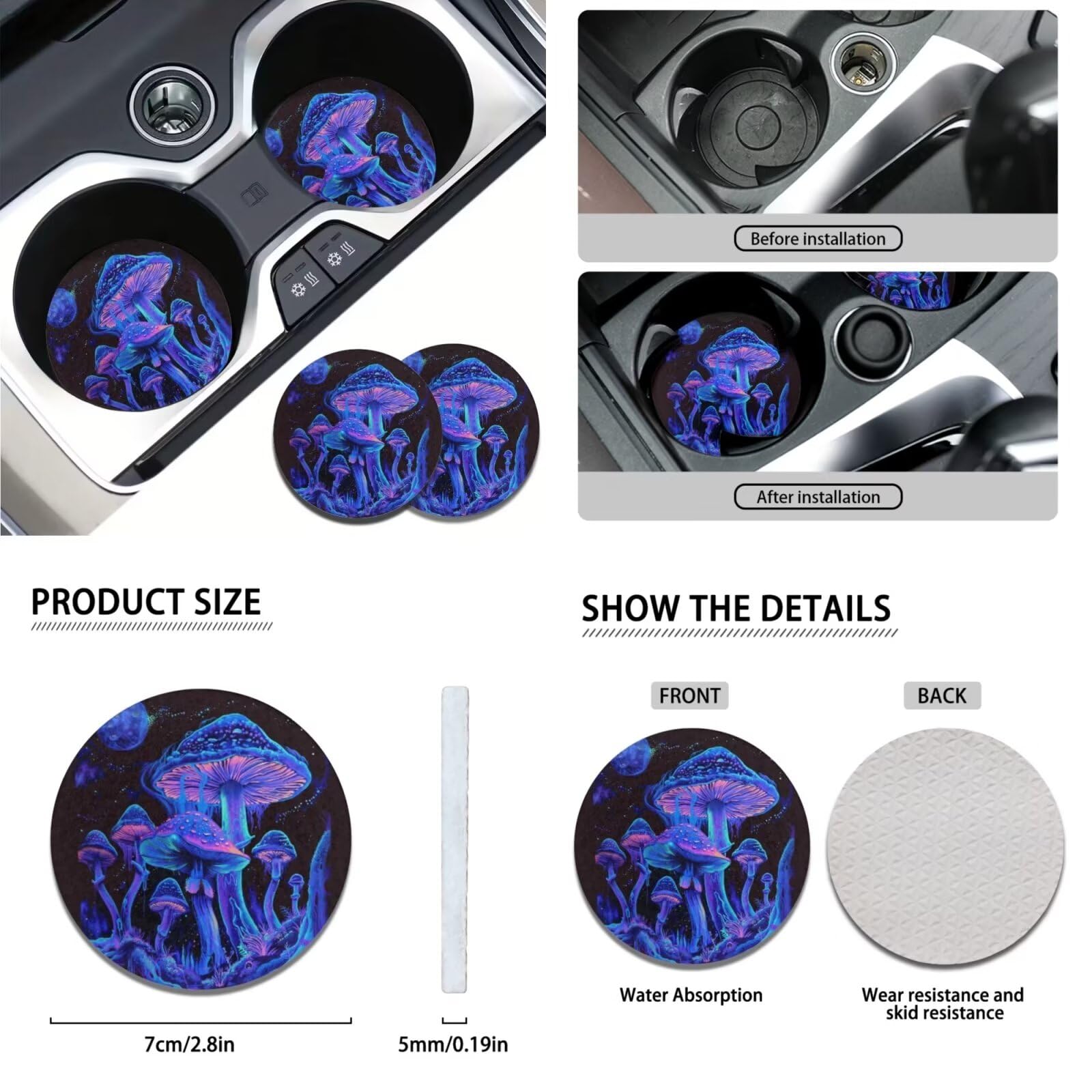 Universal Mushroom Car Seat Cover Set - Front & Rear Bench Bucket Seat Protector with Steering Wheel Cover, Seatbelt Strap Cover, Auto Coasters & Keychains - Trippy Galaxy Purple Blue Design - Perfect for Road Trips & Daily Commute
