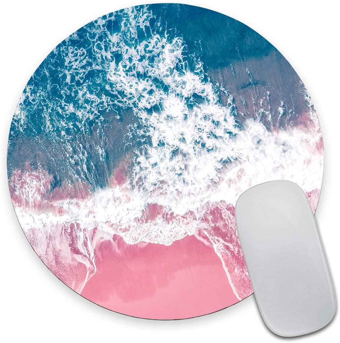 Non-Slip Round Mouse Pad - 7.9 Inch Cute Beach Design Office Mousepad with Waterproof Rubber Base for Women (Pink Sea) | Perfect for Laptop, PC & Home Office Workspace
