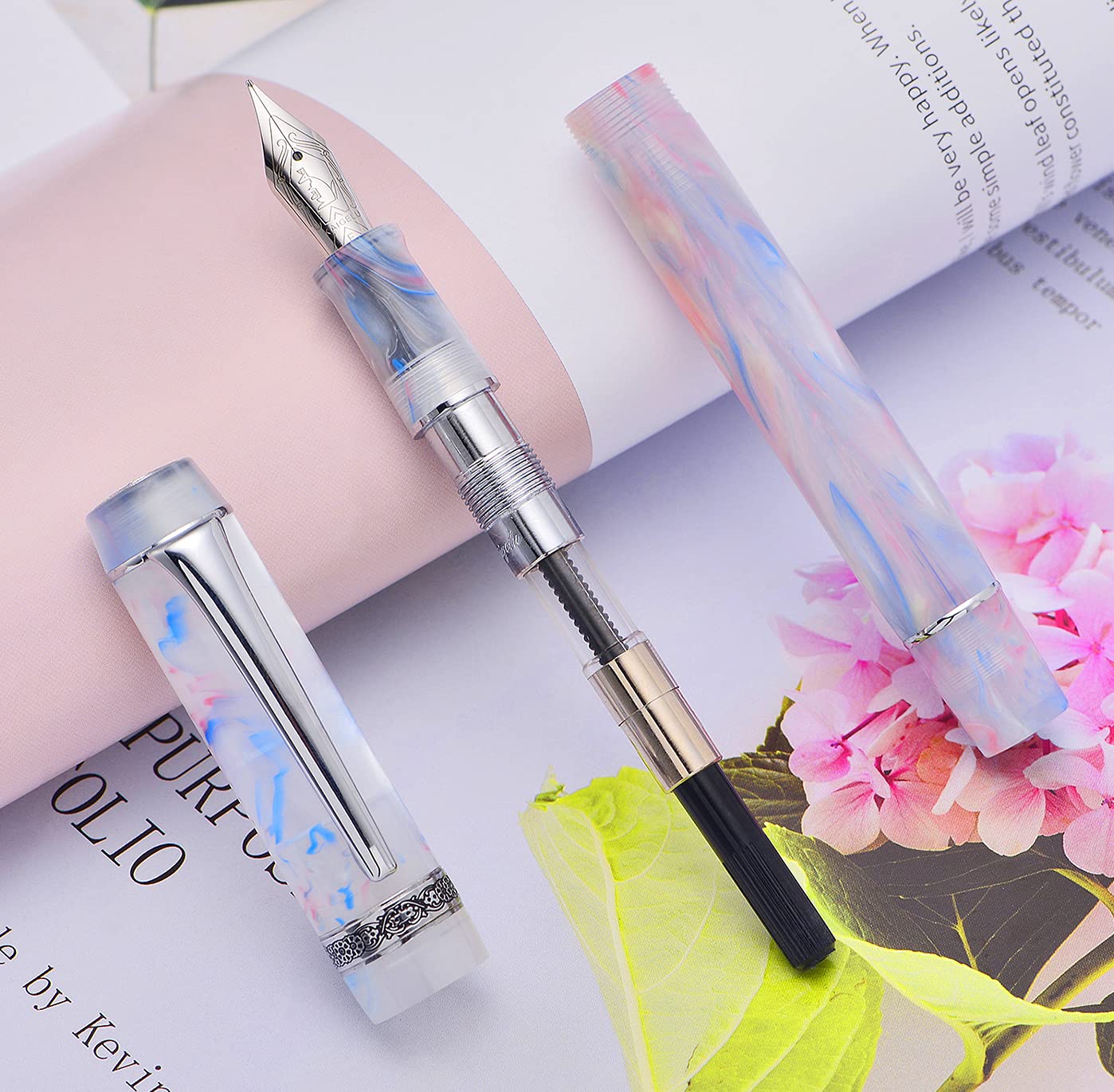 Erofa Kaigelu 316A Extra Fine Nib Fountain Pen with Ink Converter - Dream Blue Pink Marble Acrylic Writing Pen for Calligraphy, Journaling & Office Use