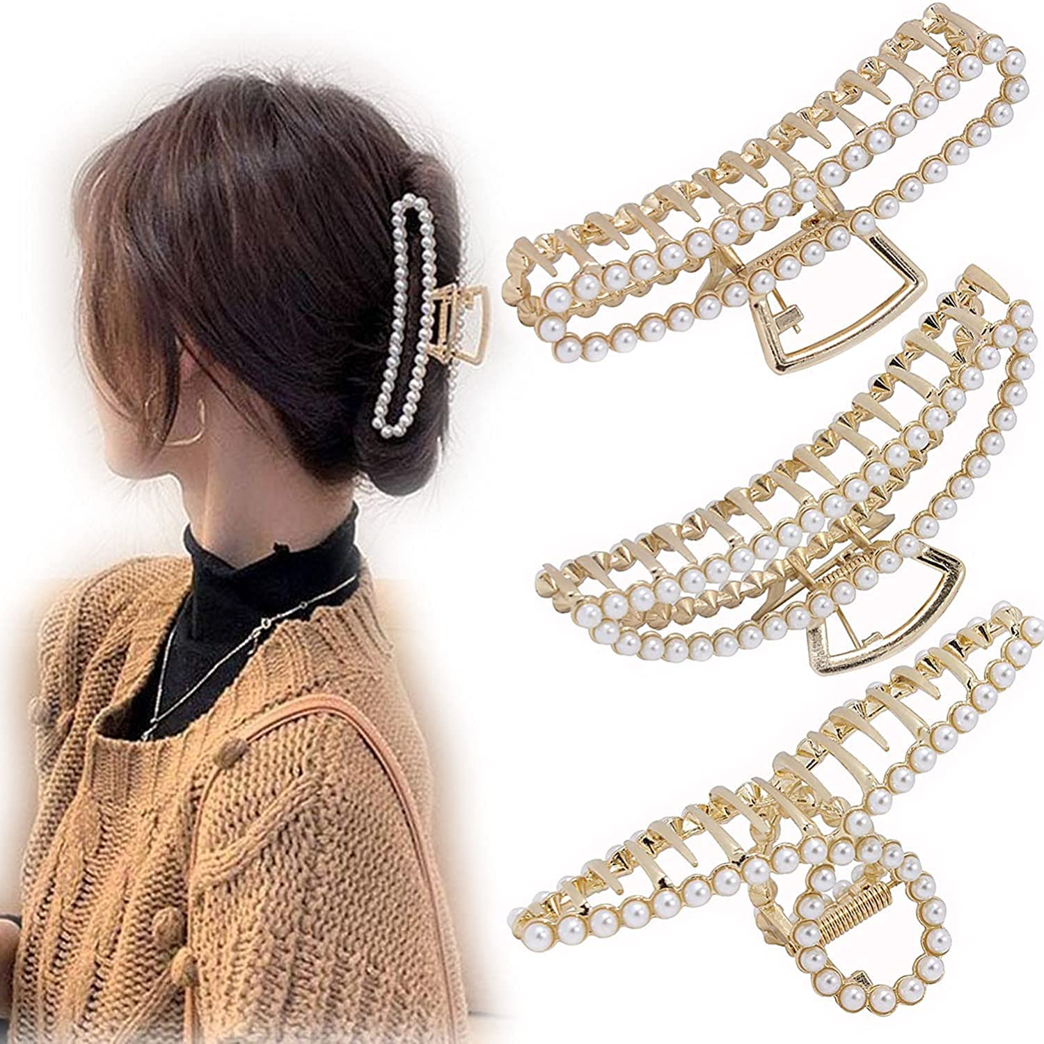 VinBee Pearl Hair Clips for Women - Large Metal Hair Claw Clips for Thick & Thin Hair (3 Pack, 4.5 Inches) - Perfect for Updos, Ponytails & Everyday Styling