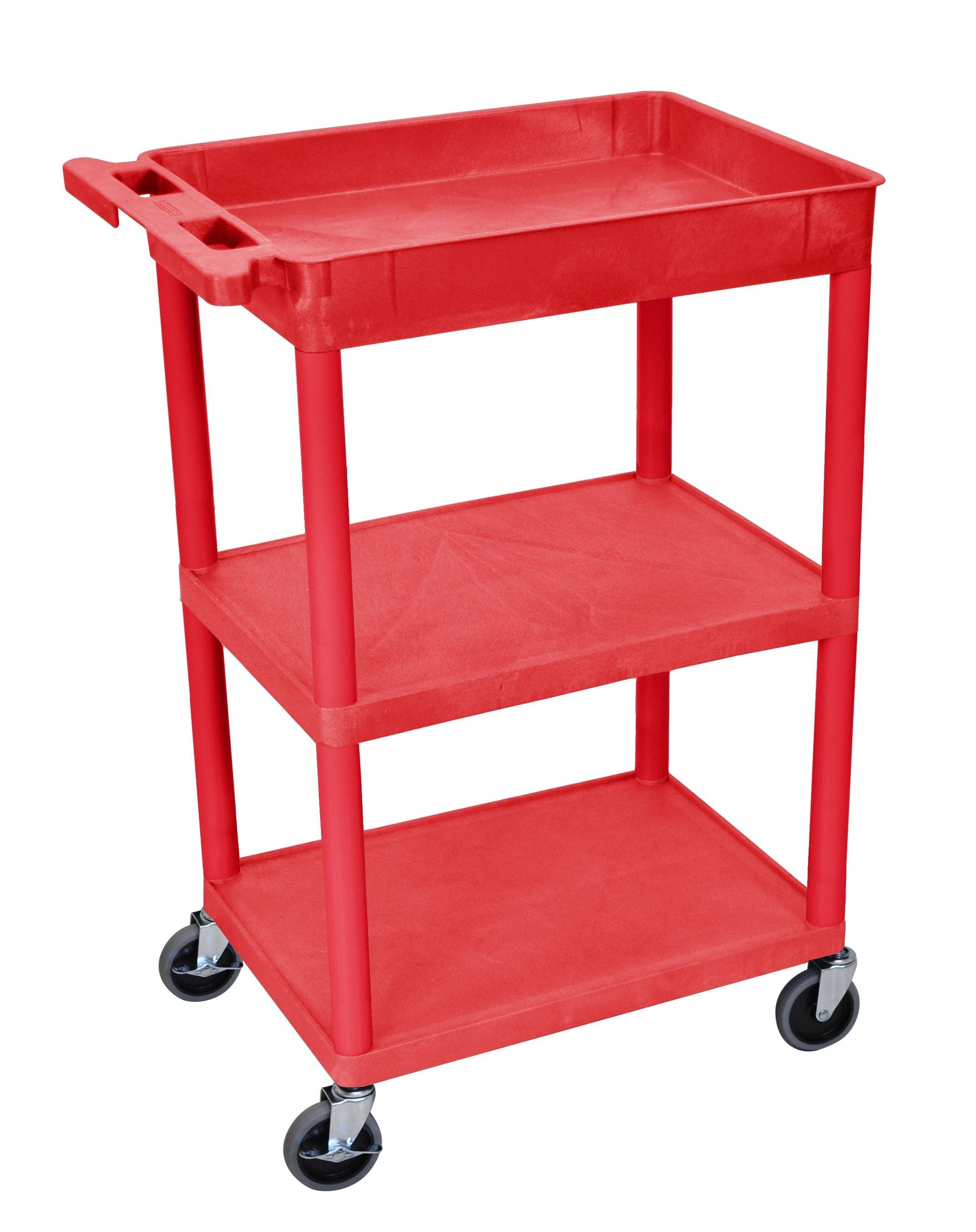 Luxor Red Tub Cart with 1 Tub & 2 Flat Shelves - Perfect for Kitchen, Bathroom, or Laundry Room Organization