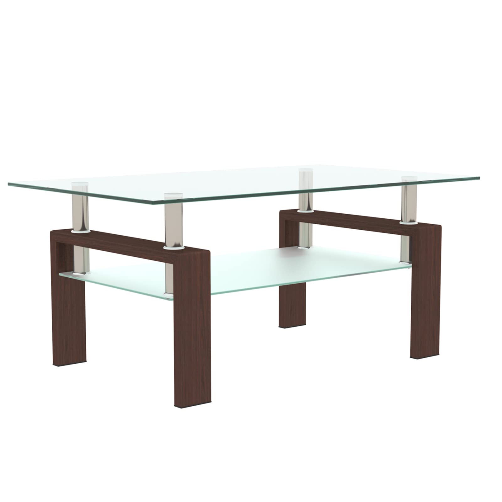Modern Walnut Tempered Glass Coffee Table with Storage Shelf & Metal Frame - Stylish Living Room Side Table for Small Spaces, Apartments & Home Decor